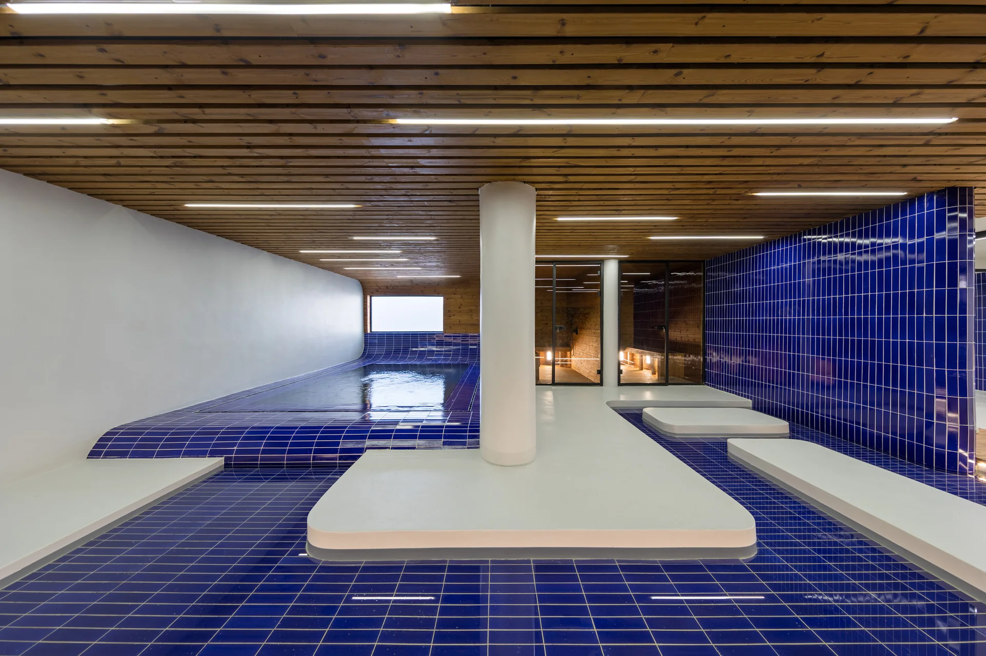 An indoor pool area featuring glossy cobalt blue tiled floors and walls, a wood slat ceiling with linear lights, and raised light grey concrete platforms.
