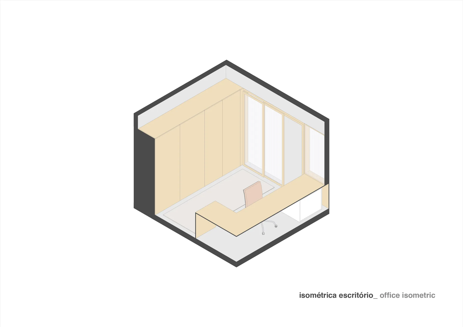 An isometric 3D render of a minimalist home office featuring a light wood L-shaped desk, a modern chair, and tall built-in storage cabinets.