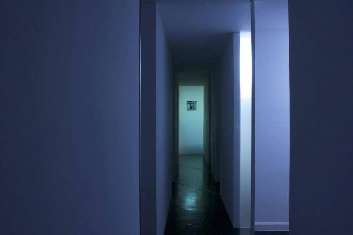 A dimly lit minimalist hallway features a vertical architectural light strip on a white wall and a dark reflective floor.