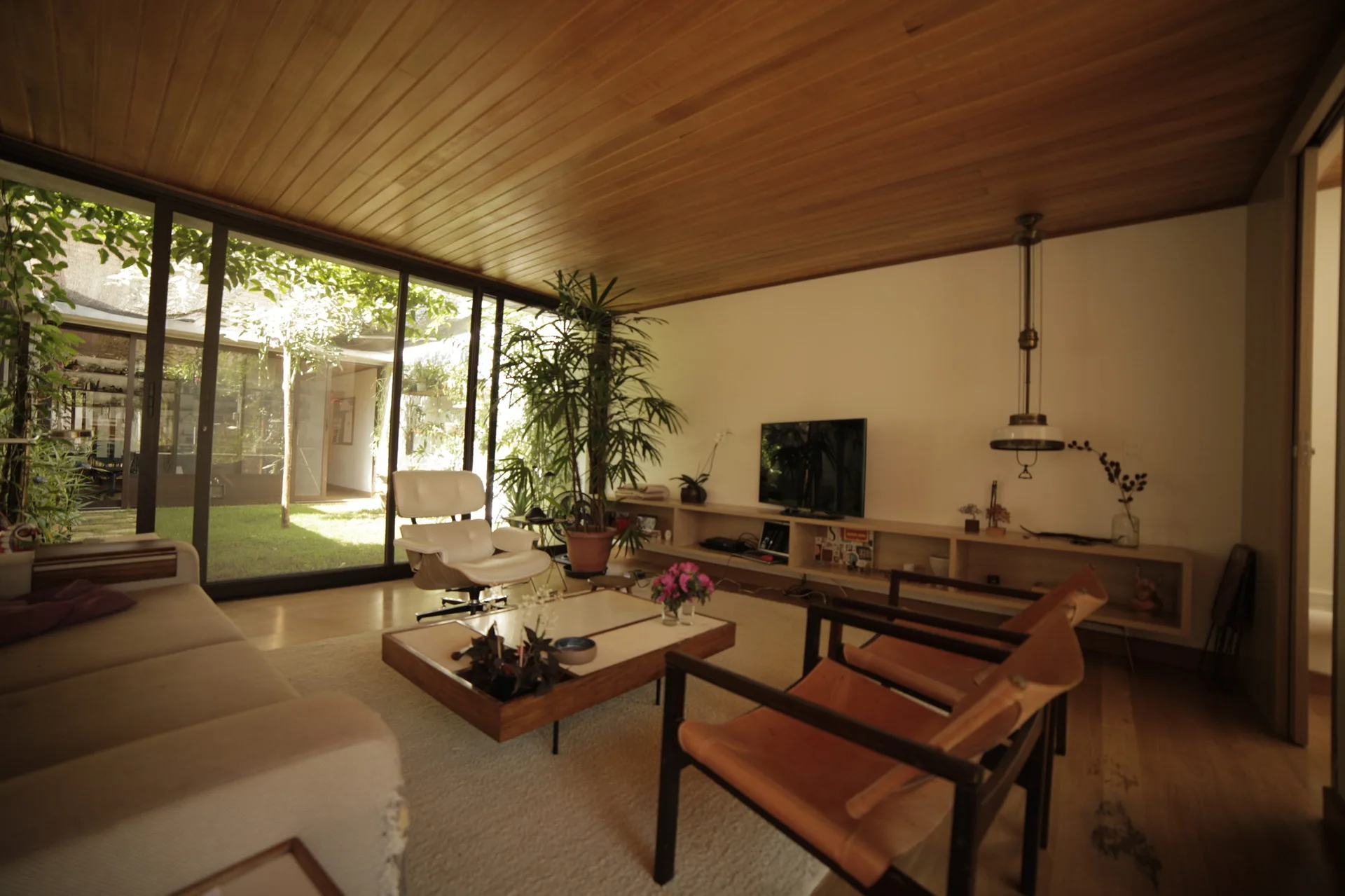 A living room features a warm wood plank ceiling, a floor-to-ceiling glass wall overlooking a garden, and mid-century modern armchairs on a rug.