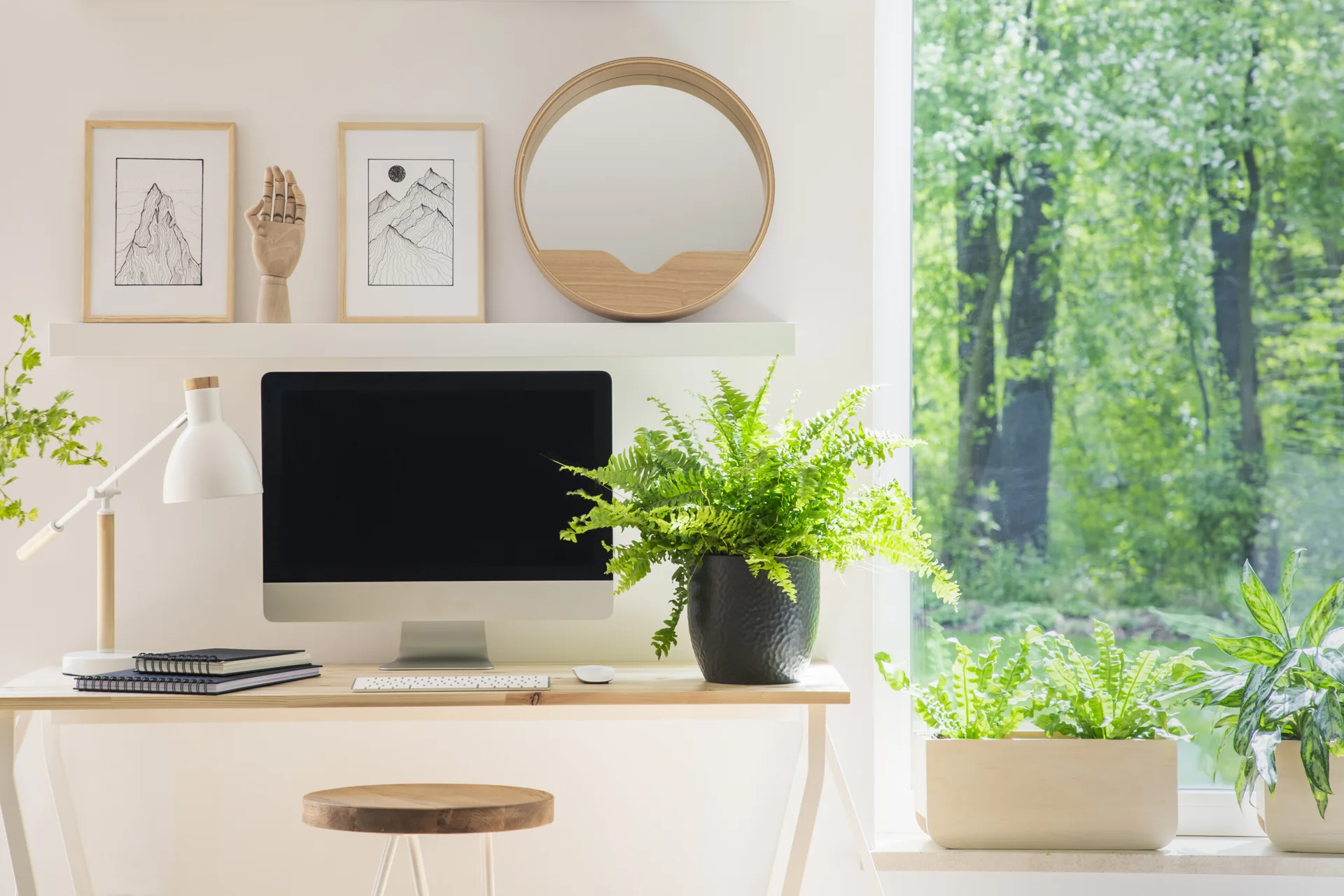 A minimalist home office features a light wood desk, a computer, a leafy green fern, and a floating shelf with framed art next to a large window.