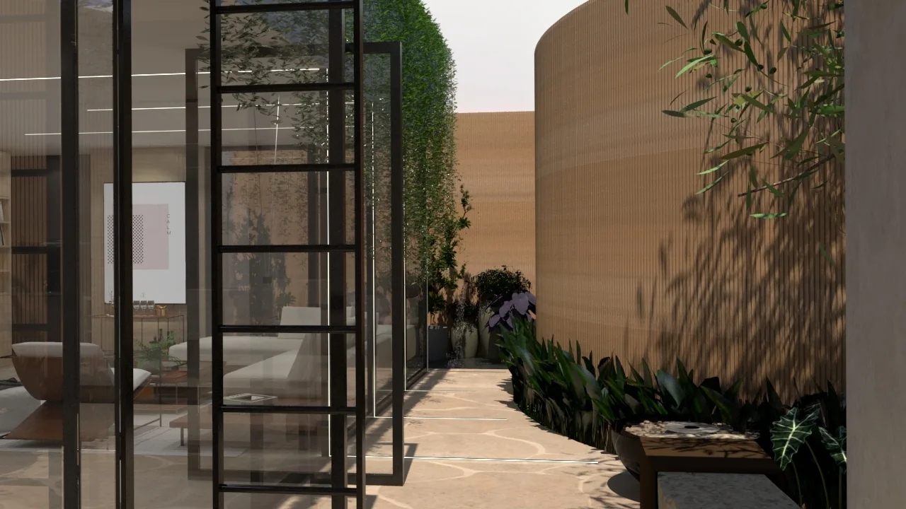A modern patio features a curved wooden ribbed wall, irregular stone pavers, and lush green plants viewed through black-framed glass sliding doors.