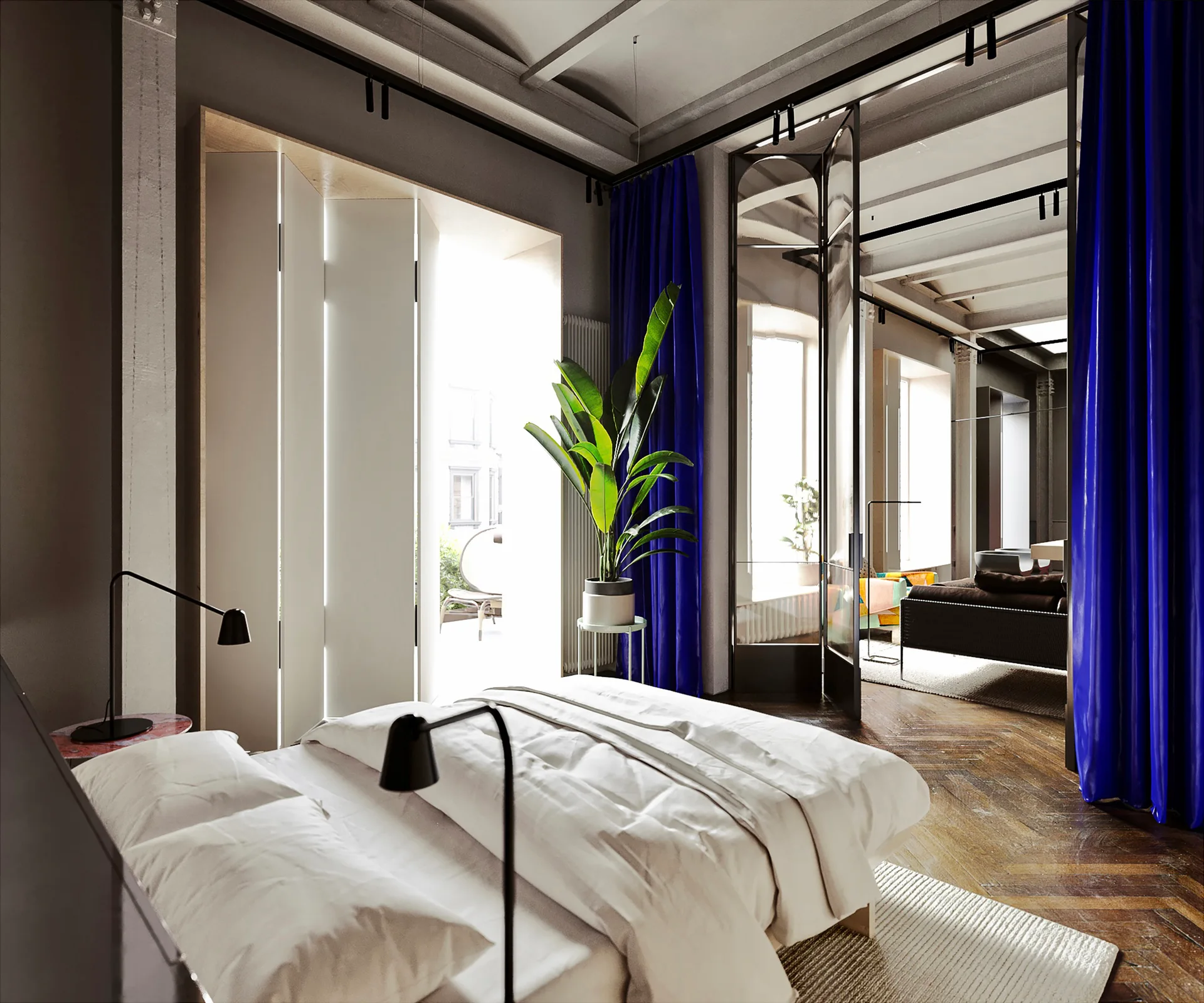 A modern bedroom featuring a bed with white bedding, cobalt blue curtains, a metal-framed glass partition, and herringbone patterned wood floors.