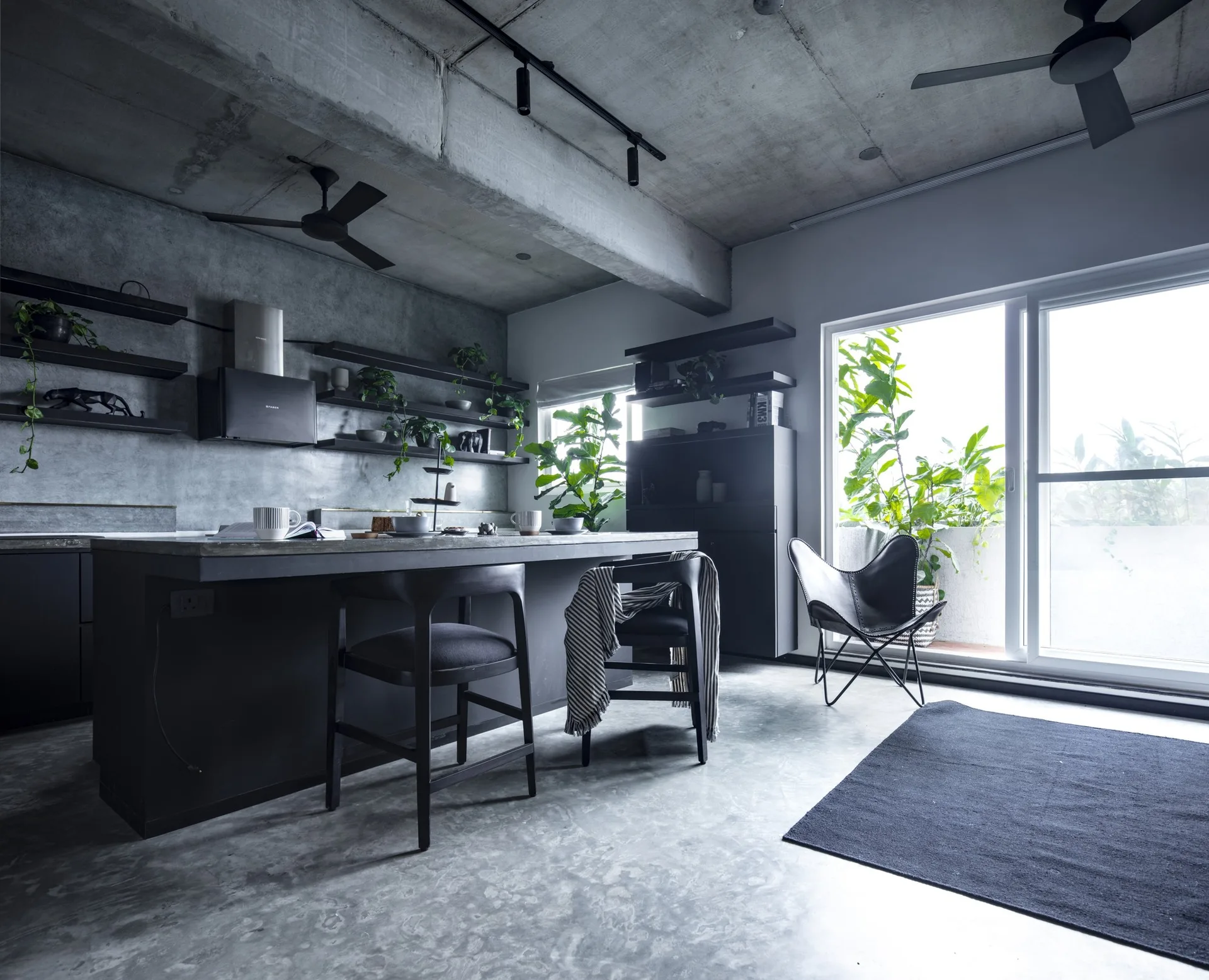 An industrial kitchen featuring textured concrete walls, a black island with bar stools, open floating shelves with plants, and a sliding glass door.