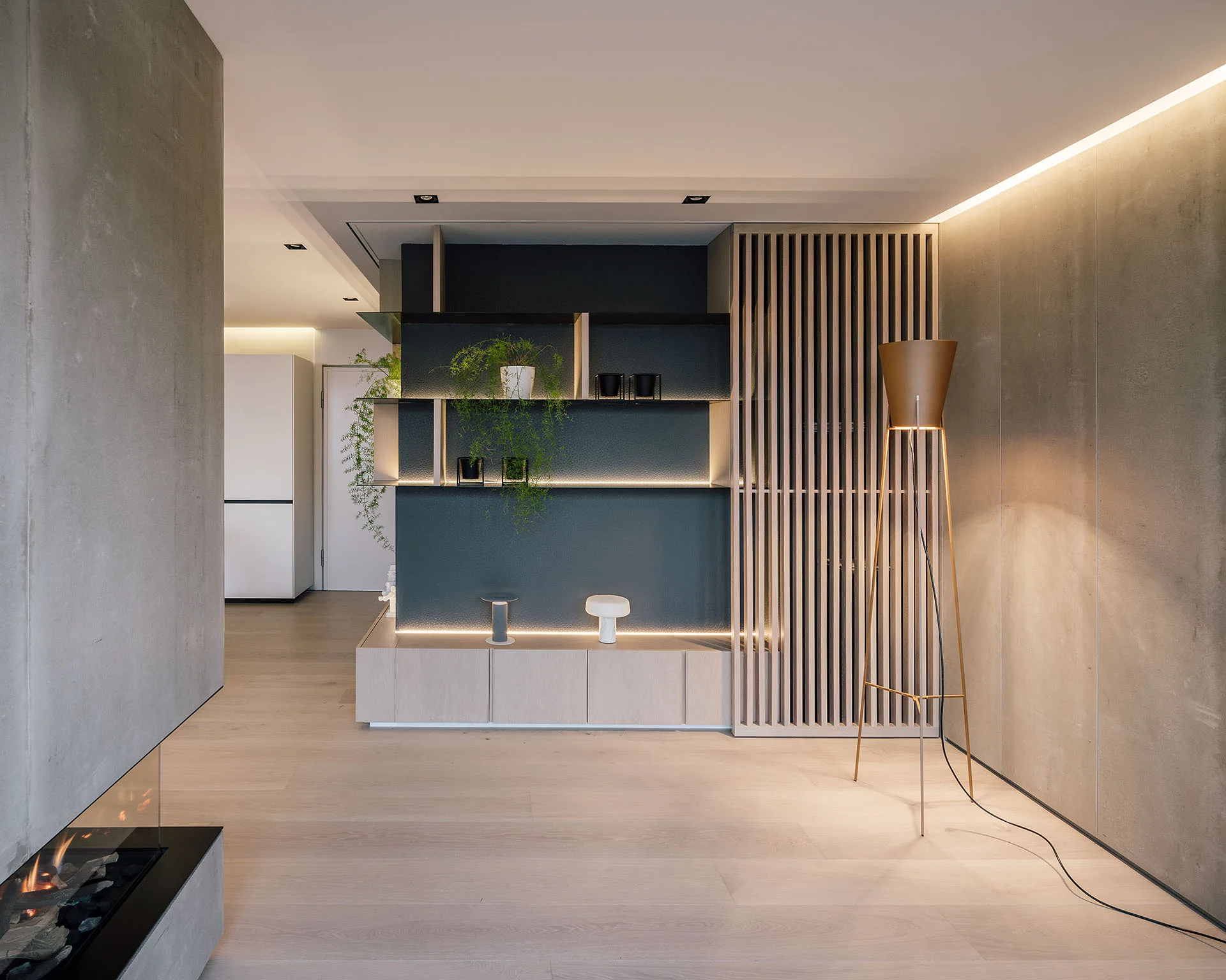 A modern living room features a concrete wall, integrated LED-lit dark shelving, a vertical wood slat partition, and light wood flooring.
