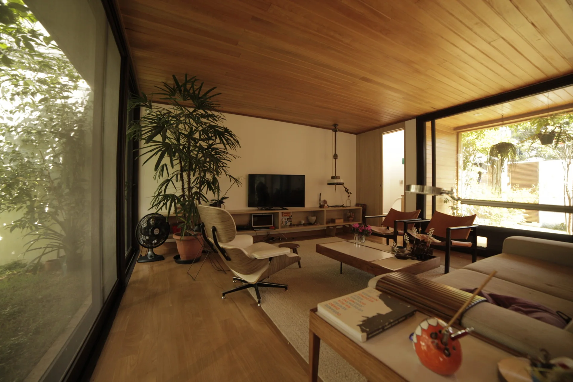 A mid-century modern living room features a wood-paneled ceiling, low-profile furniture, and floor-to-ceiling windows showing outdoor greenery.