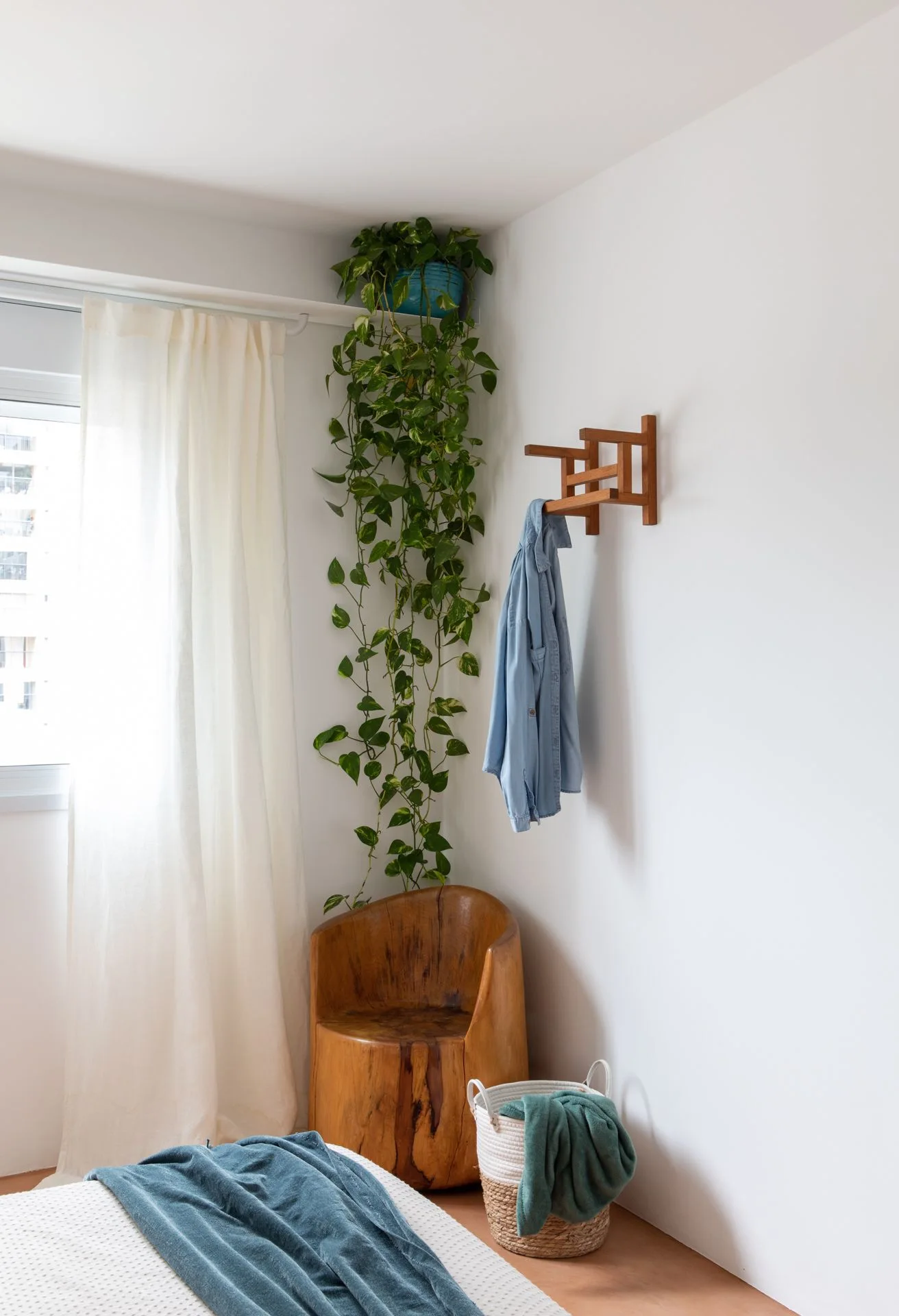 A bedroom corner features a sculpted wooden chair, a wall-mounted coat rack with a hanging blue shirt, and a cascading green plant.