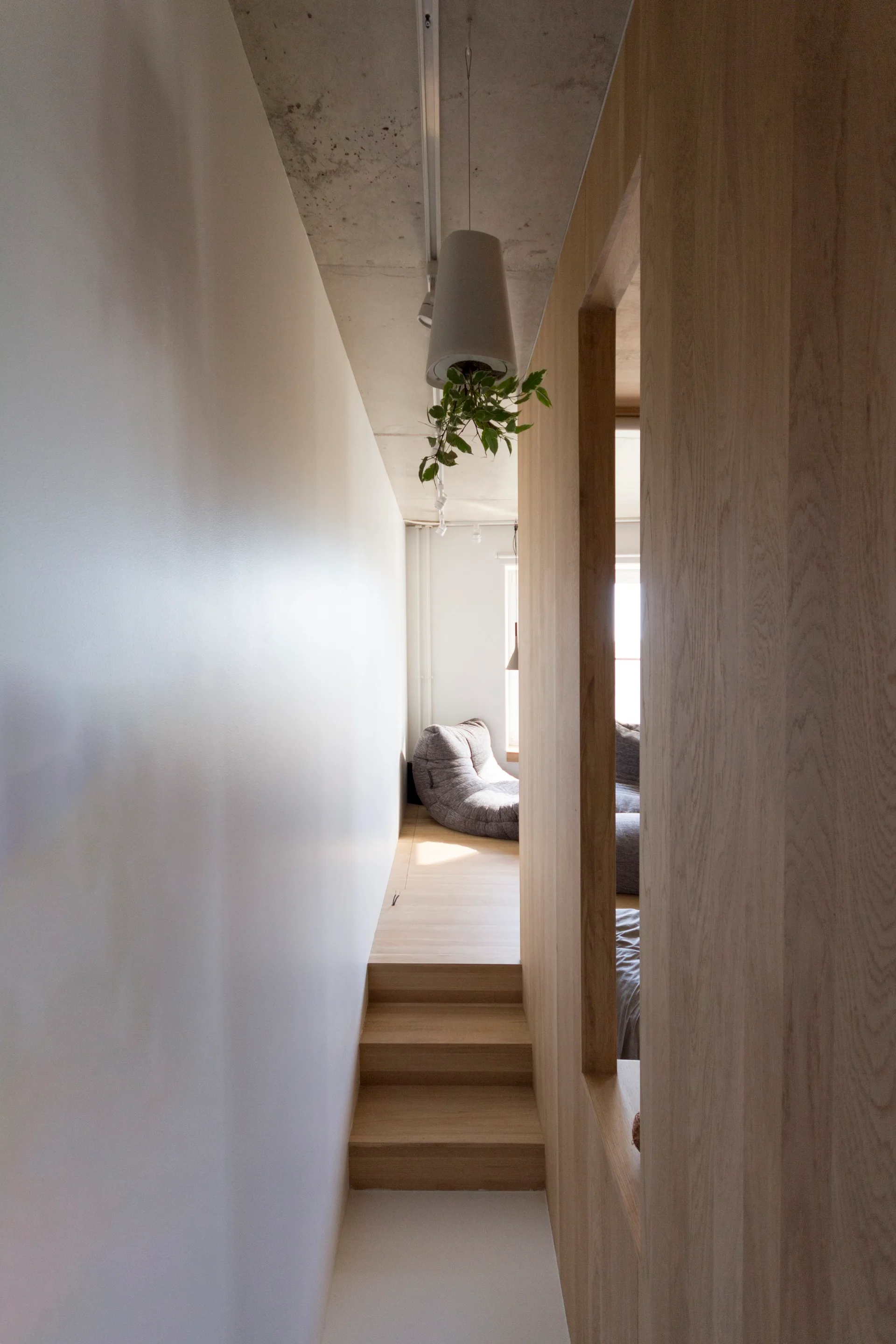 A narrow hallway with light wood paneling, wooden steps, and an exposed concrete ceiling leads to a sunlit living space.