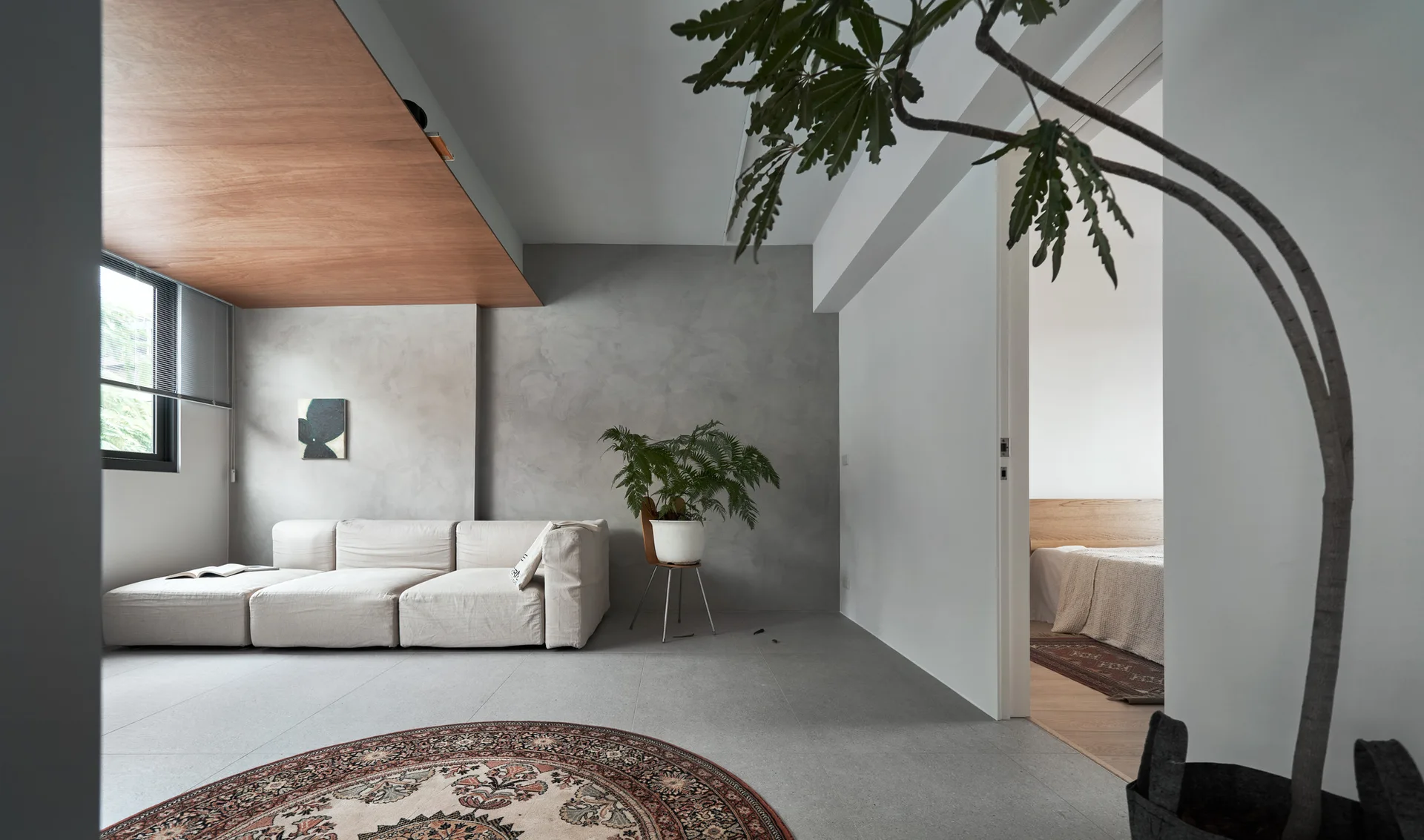 A minimalist living room with a low cream modular sofa, a grey concrete-textured wall, a wood-paneled ceiling accent, and a round patterned rug.