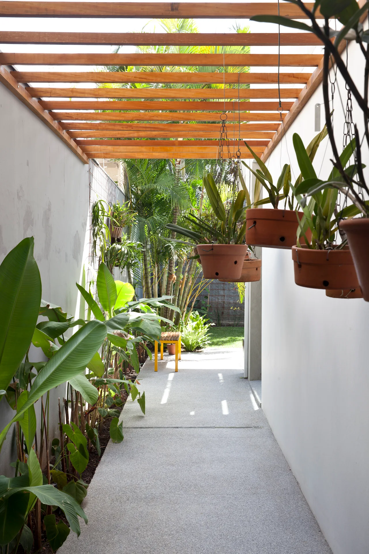 A narrow concrete walkway flanked by high white walls, featuring a slatted wooden pergola overhead and suspended terracotta planters.