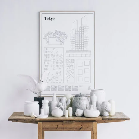 A collection of assorted white ceramic pottery and sculptures sits on a weathered wooden console table beneath a framed Tokyo architectural print.