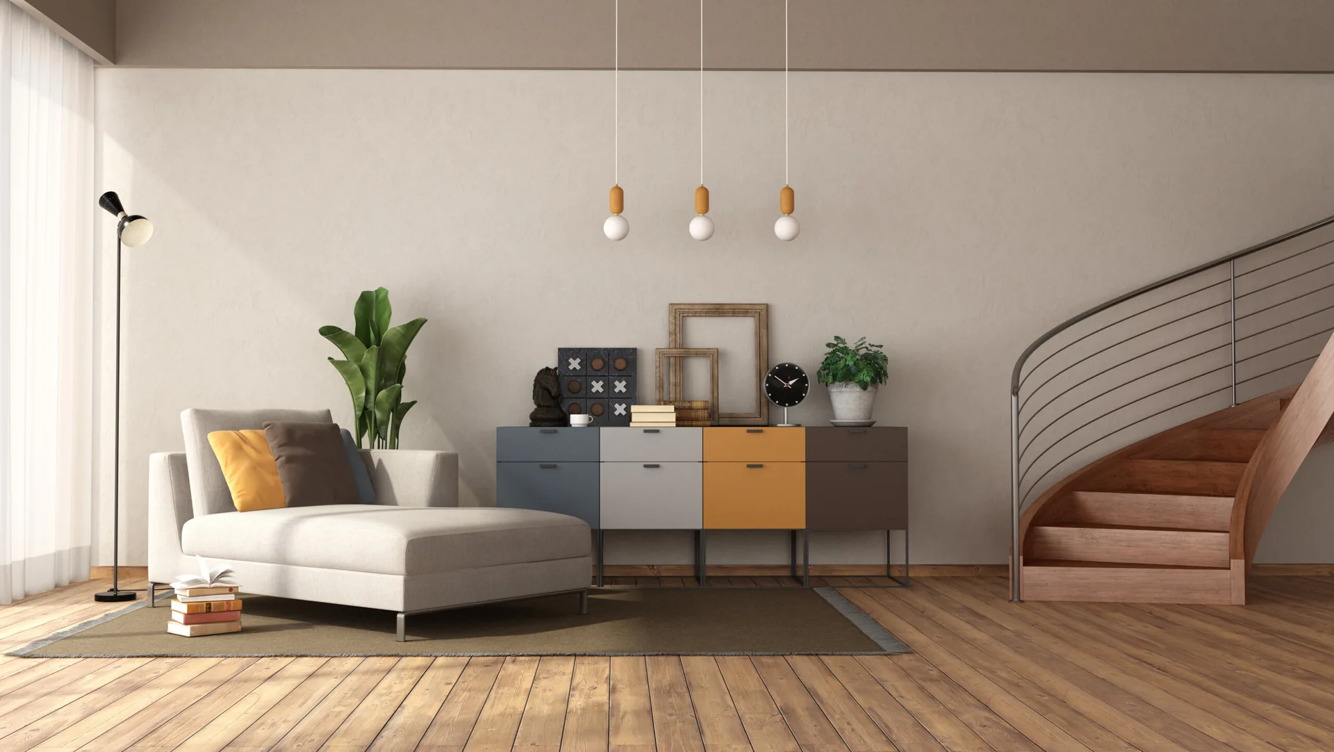 A modern living room features a light grey chaise lounge, a multi-colored sideboard, and a curved wooden staircase with metal handrails.