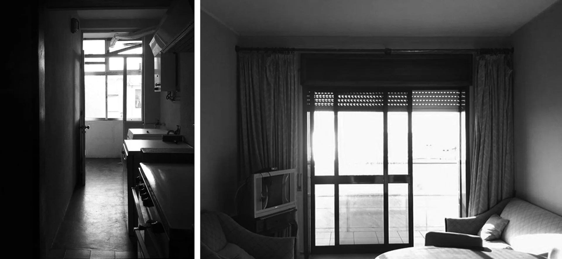 A split-view black and white photo shows a narrow kitchen corridor on the left and a living room with a sofa and glass sliding door on the right.