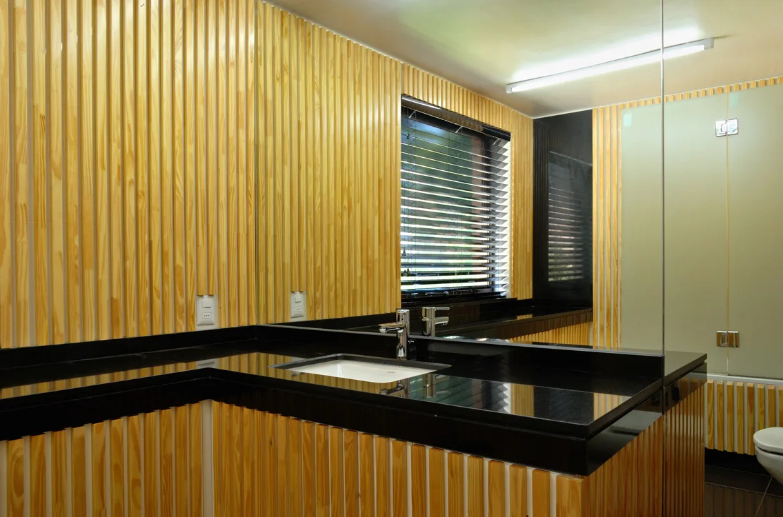 A bathroom features vertical wood slat wall paneling, a polished black stone vanity countertop with an undermount sink, and a large mirror.