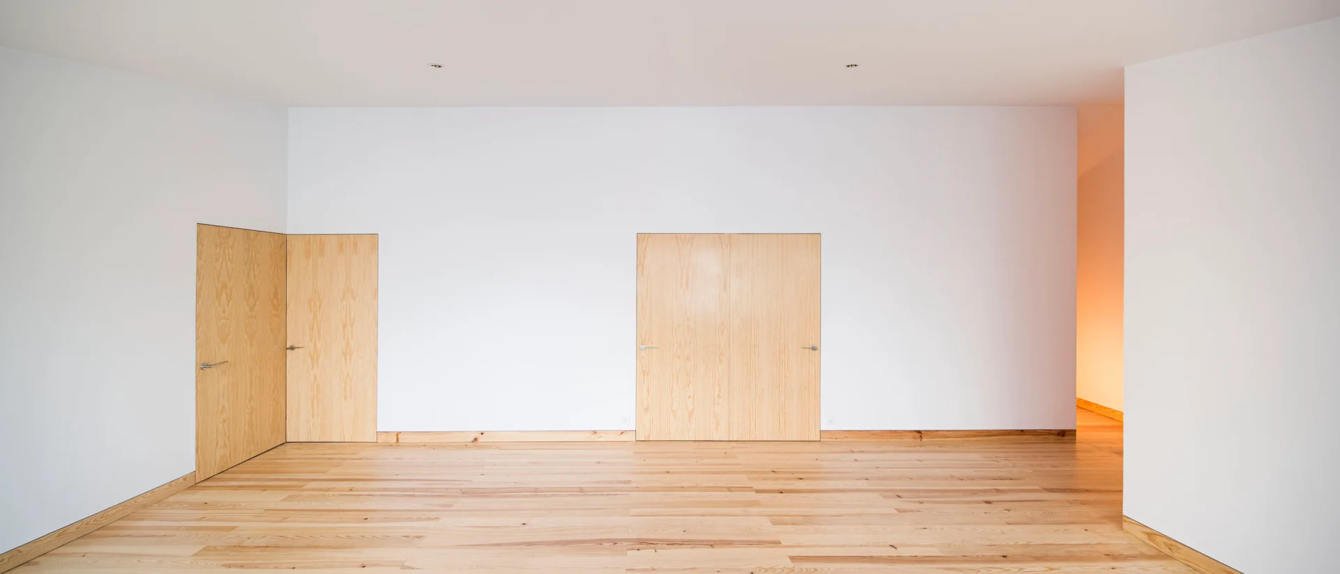An empty minimalist room featuring clean white walls, light wood flooring, and matching frameless flush wood doors.
