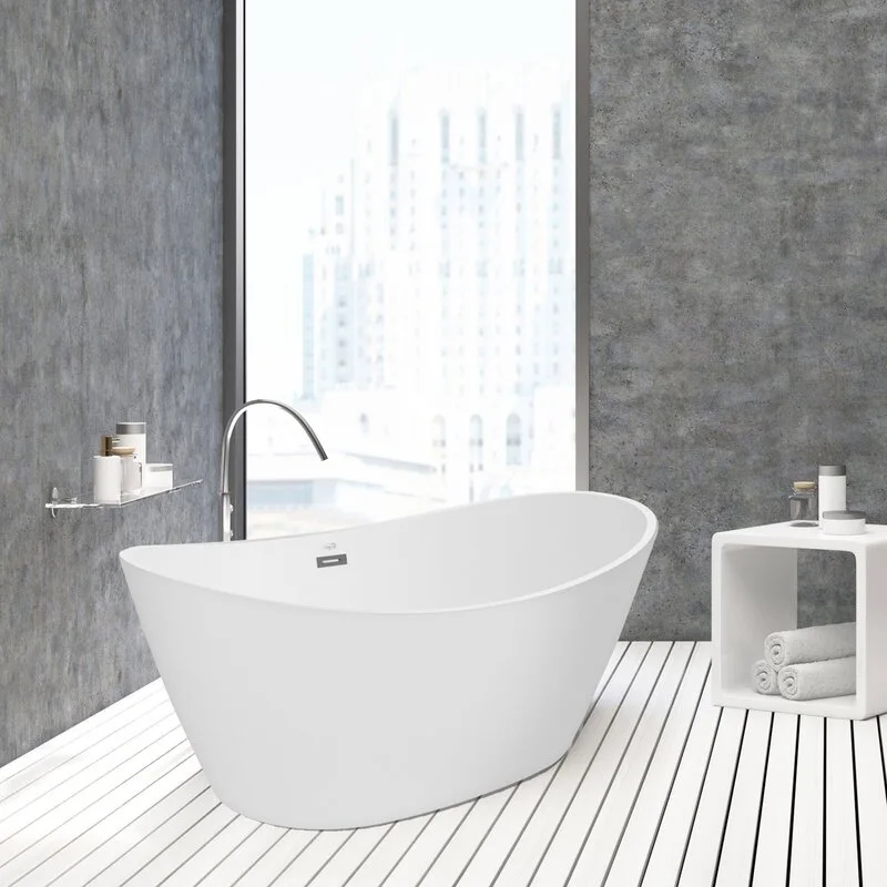A modern bathroom features a white freestanding bathtub on white slatted flooring set against textured grey walls near a large window.