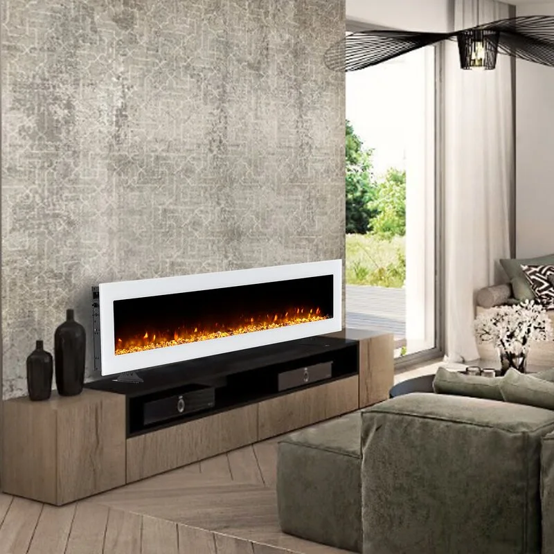 A modern living room featuring a long electric fireplace with a white frame set against a grey textured wall above a low wooden console table.