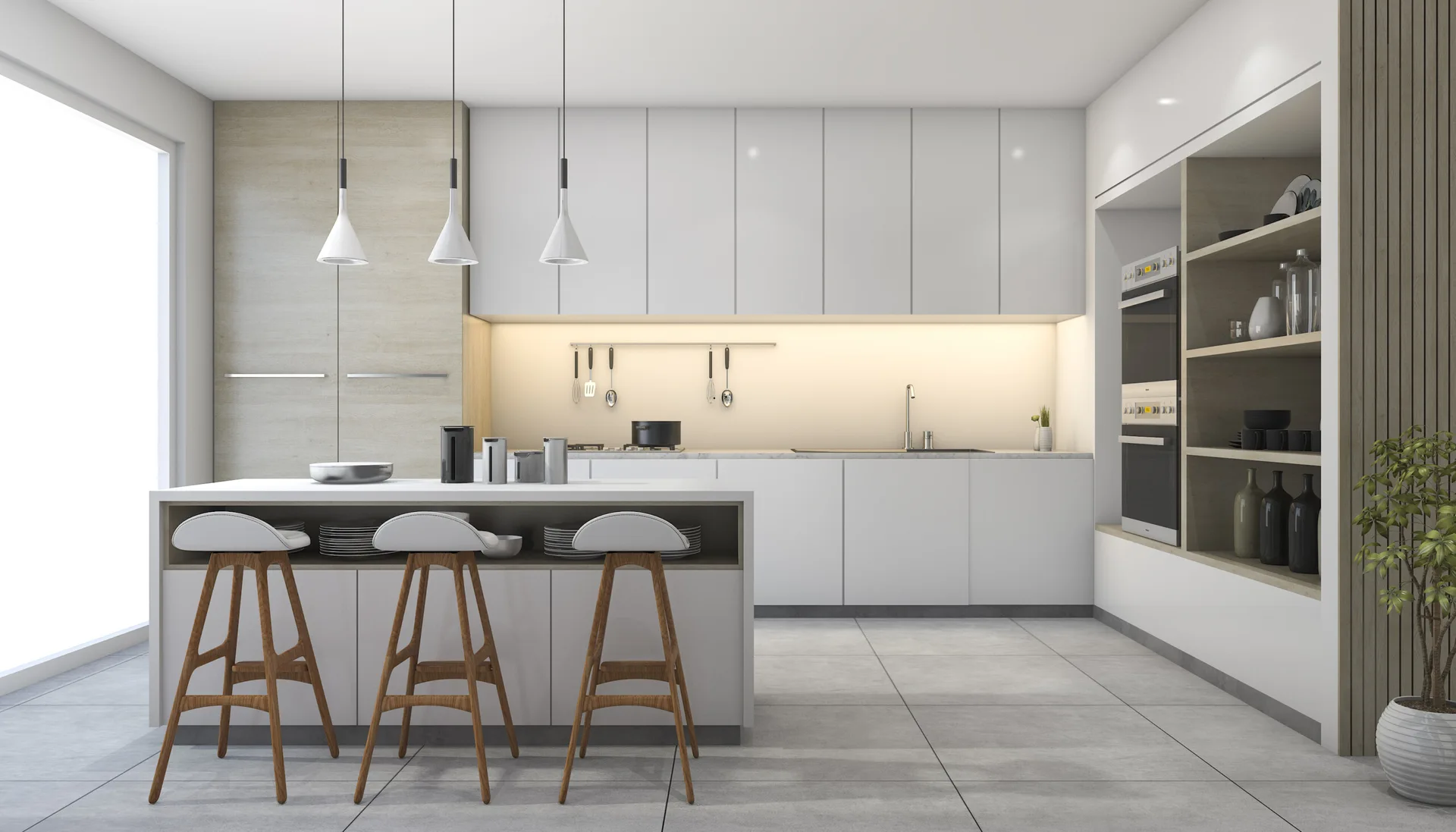 A minimalist white kitchen features a central island with three wooden bar stools, white upper cabinetry, and integrated open wood shelving.