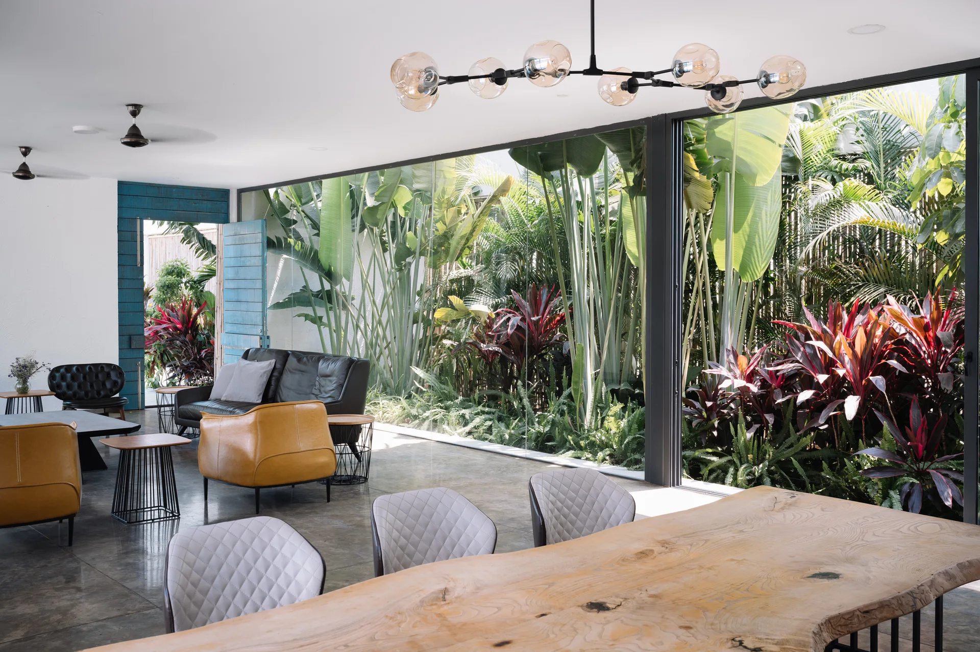 An open-concept room features a live-edge wooden dining table, modern leather seating, and floor-to-ceiling glass walls looking out onto a tropical garden.