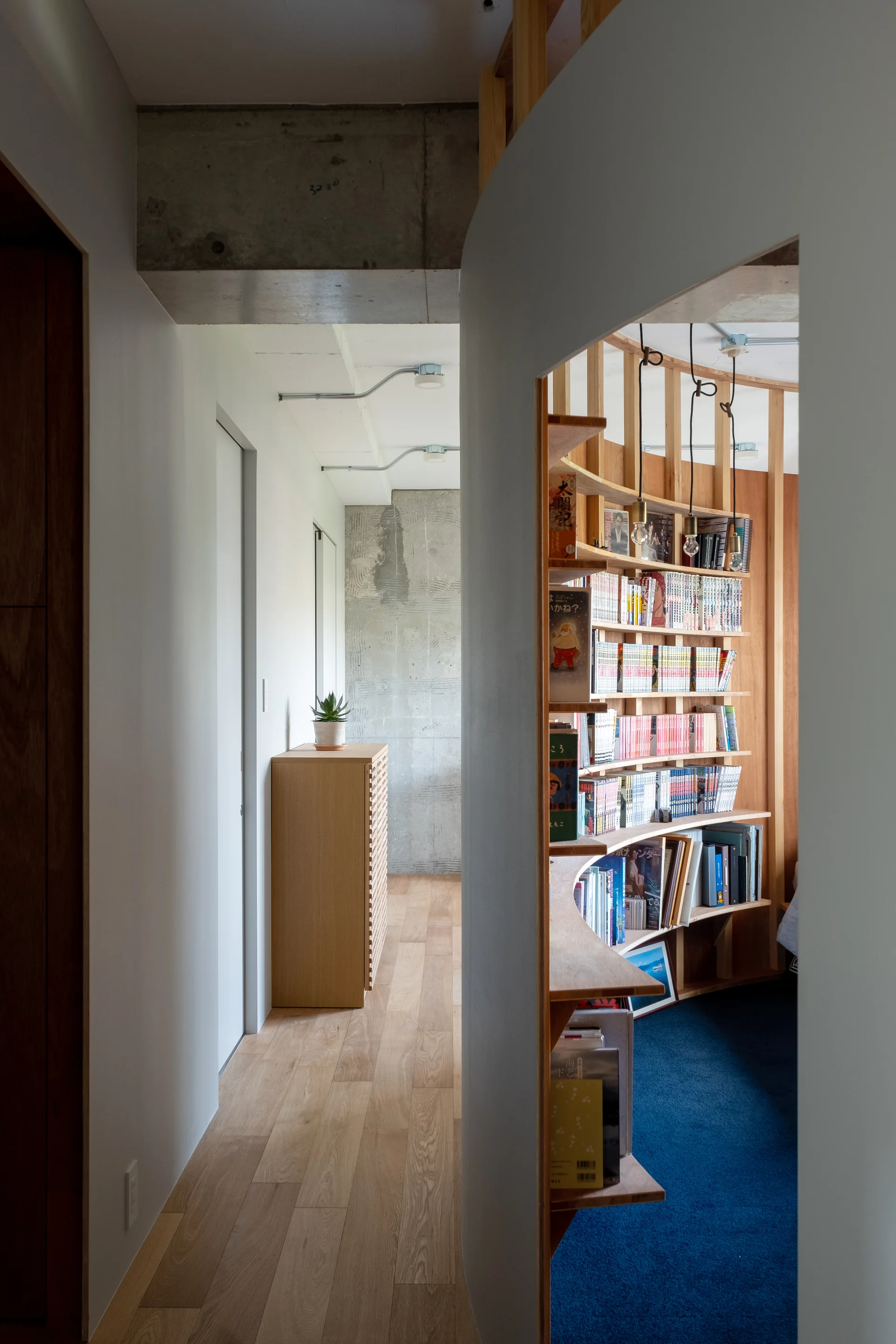A minimalist hallway with light wood floors leading past a curved white partition wall that reveals a built-in wooden bookshelf and blue carpeted room.