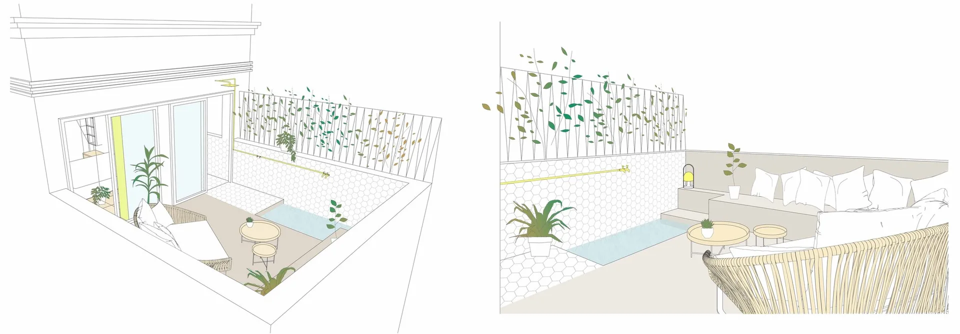 An architectural drawing of a minimalist patio featuring a woven sectional sofa, a sunken water basin, and a white hexagonal tile wall.