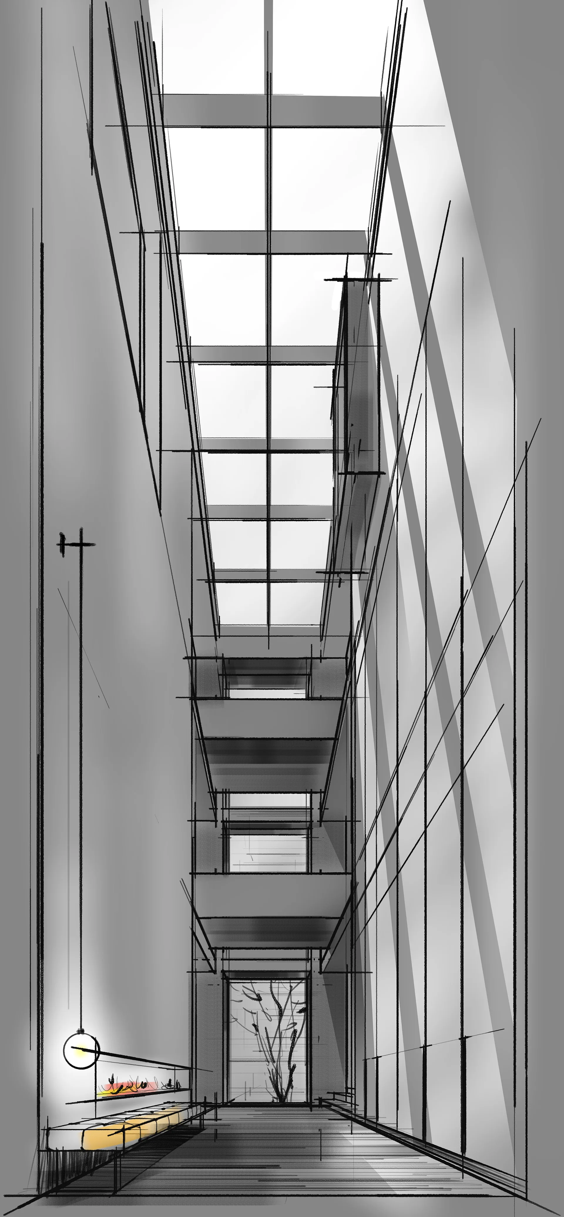 Architectural sketch of a tall minimalist hallway with a long overhead grid skylight, low bench seating, and a tree window at the end.