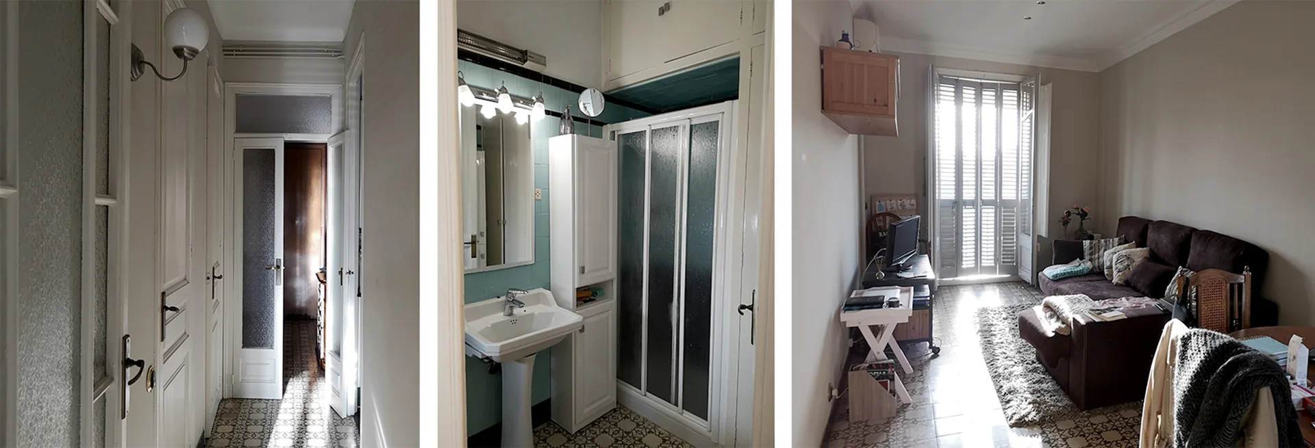 Three panels show a hallway, bathroom with a pedestal sink, and a living room with a brown sofa, all tied together by geometric tile flooring.
