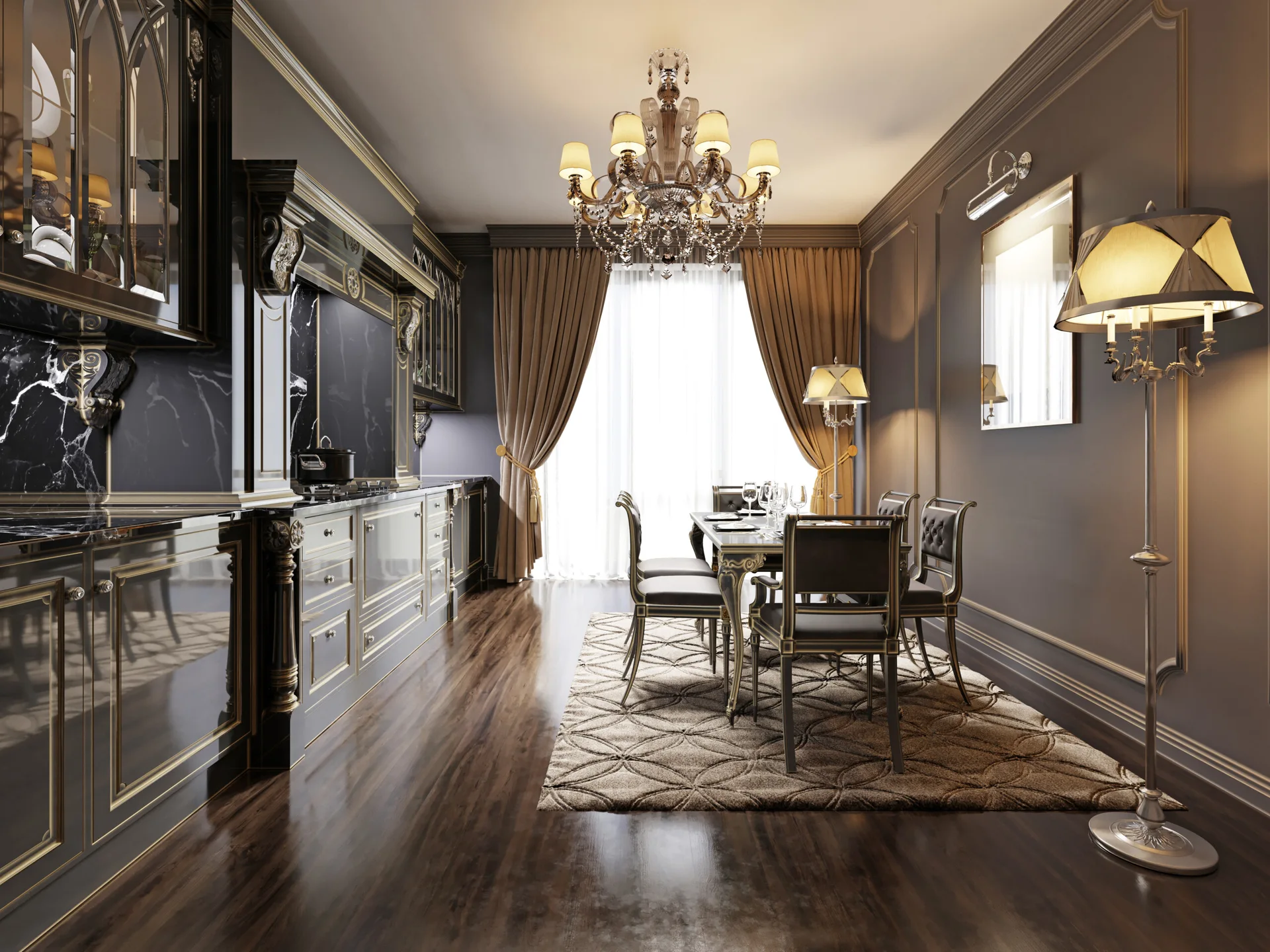 A formal dining table with chairs is set on a patterned rug next to dark charcoal walls with ornate molding under a large crystal chandelier.