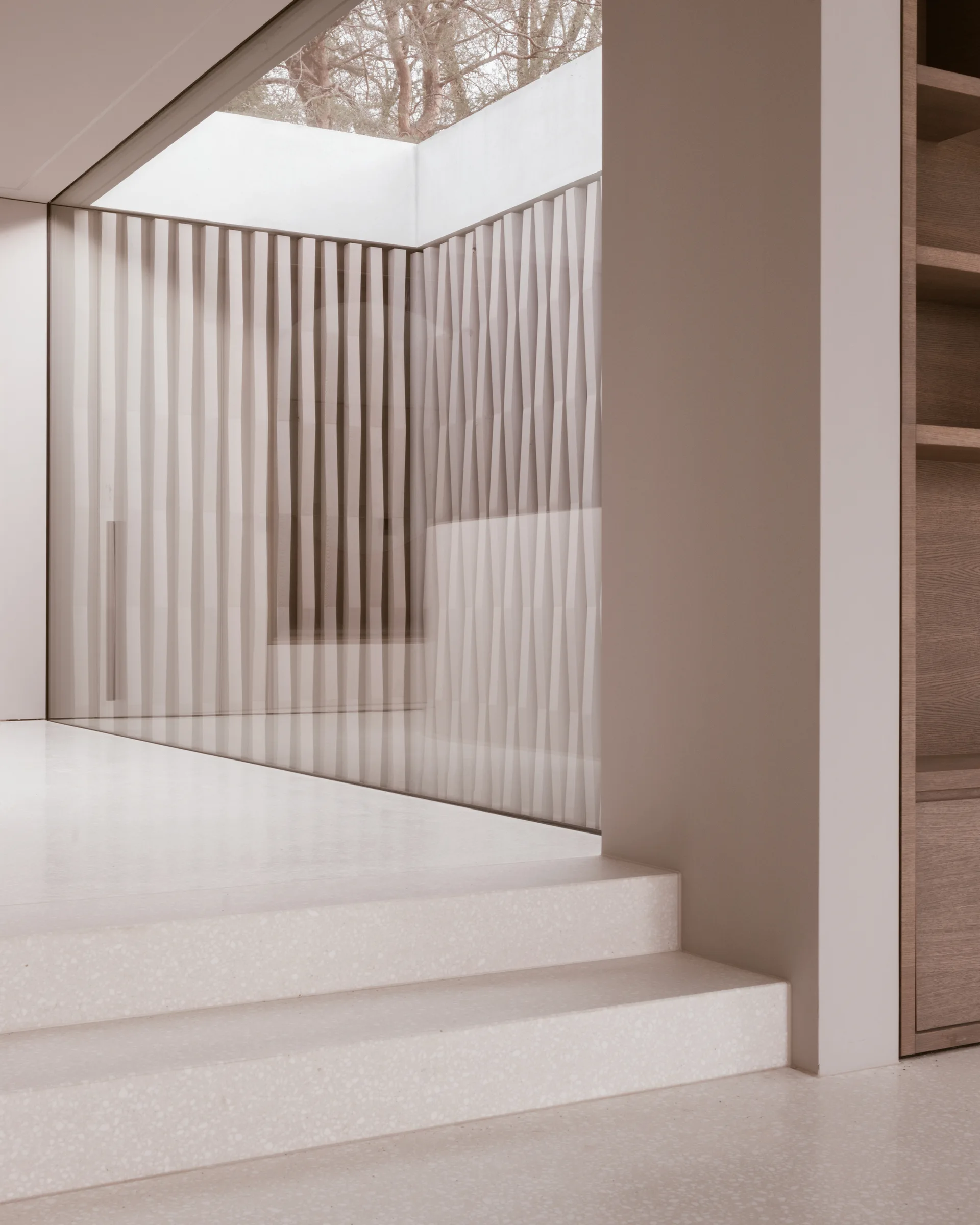 A minimalist entryway features speckled terrazzo steps leading toward a glass-enclosed vertical wood slat partition under a skylight.