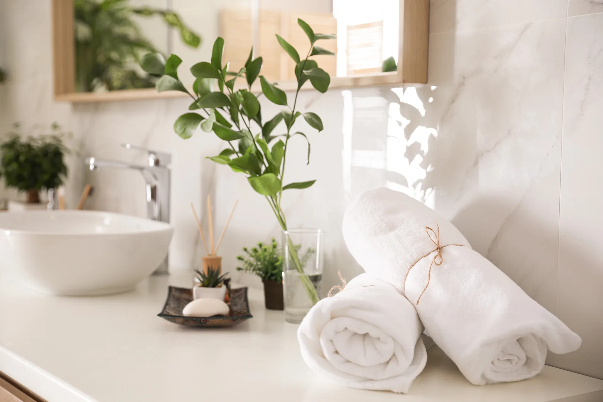 White rolled towels secured with twine sit on a bathroom vanity countertop alongside a vessel sink and green stems against marble wall tiles.