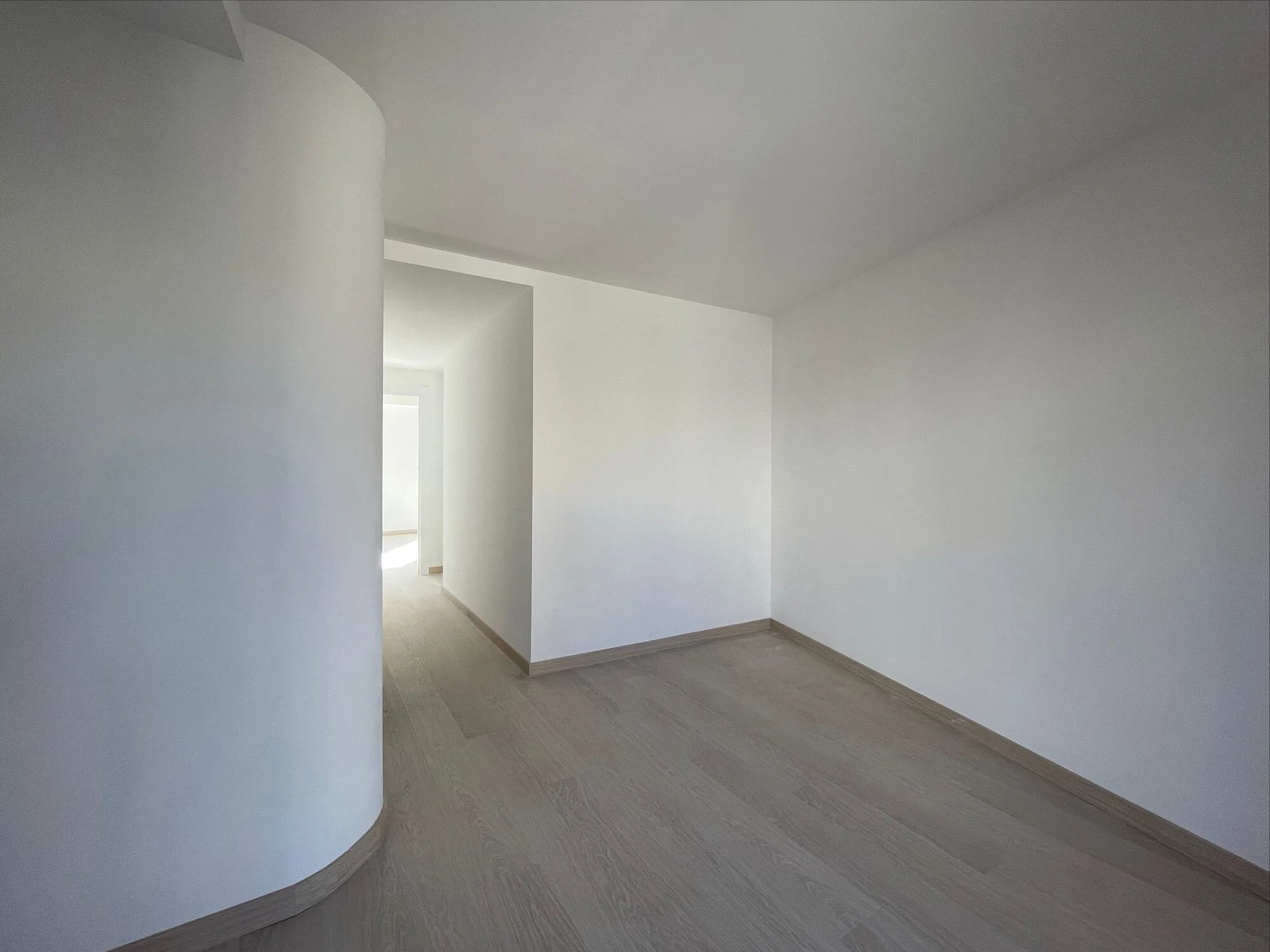 An empty minimalist hallway features a prominent curved white wall, light-toned wood flooring, and matching thin baseboards.