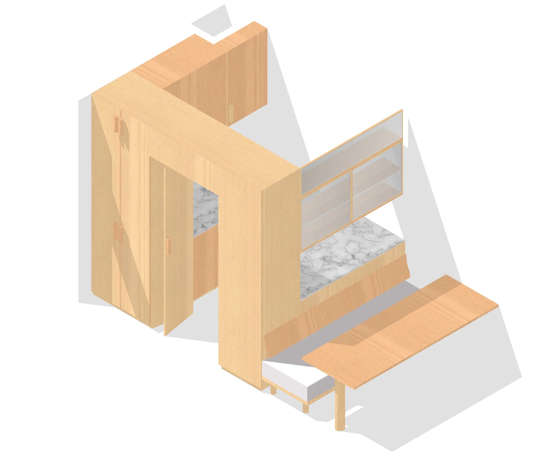 An isometric rendering of a light wood kitchen unit featuring a marble countertop, open shelving, and an integrated dining bench with a wooden table.