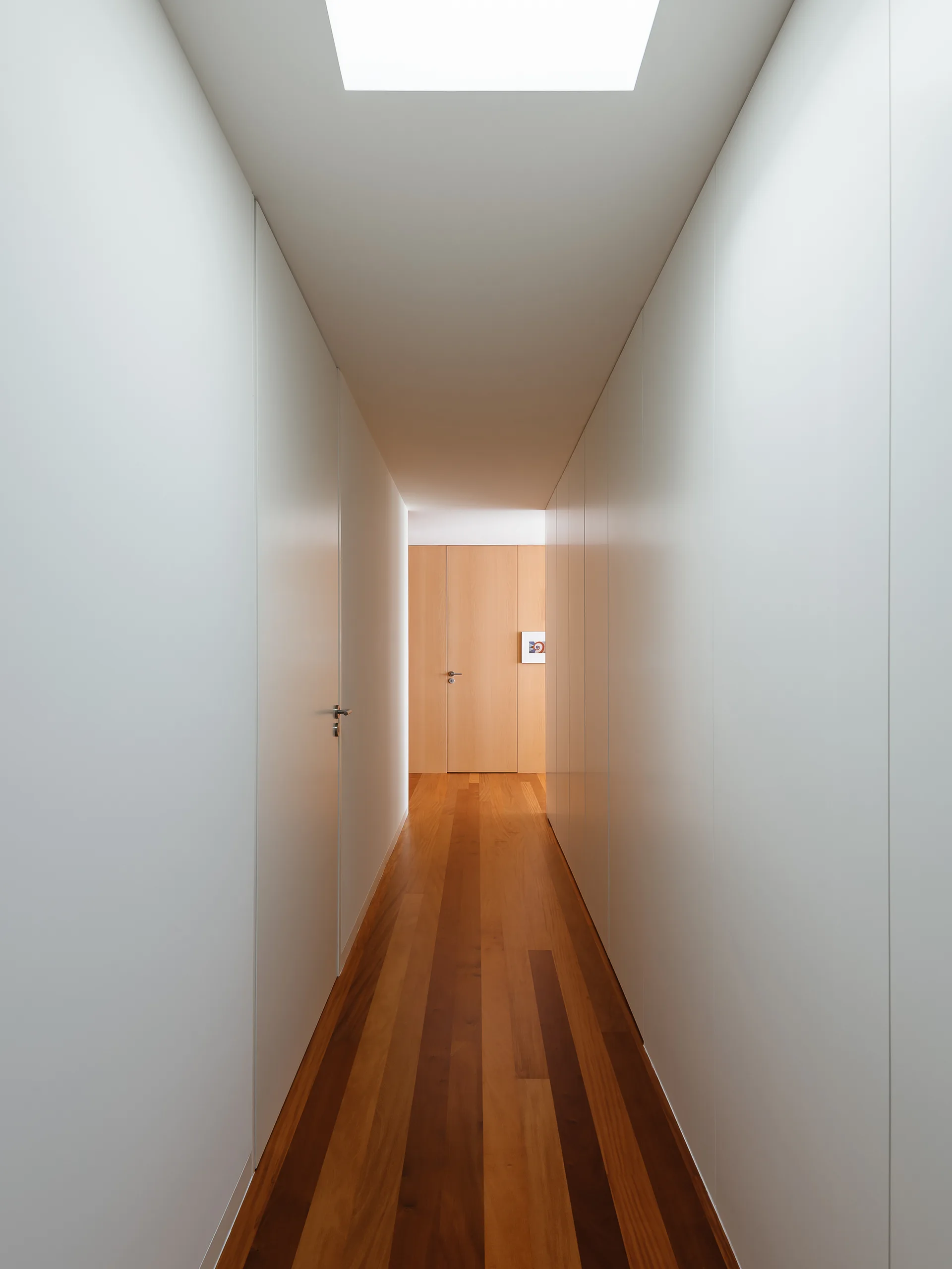 A minimalist white hallway features seamless flush doors, natural wood plank floors, and a bright rectangular skylight.