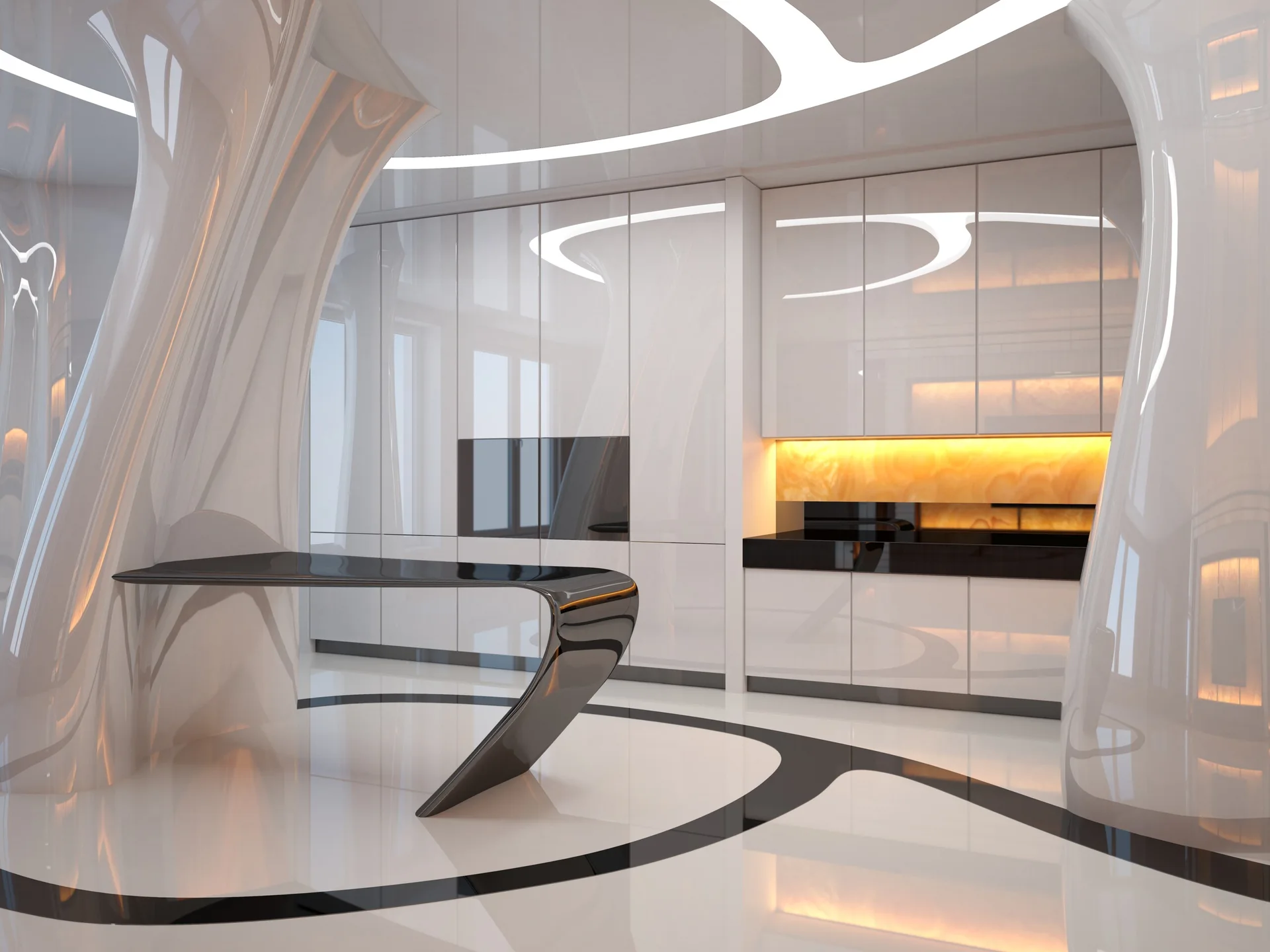 A futuristic high-gloss white kitchen features organic curved columns, a black sculptural island, and a glowing orange backlit backsplash.