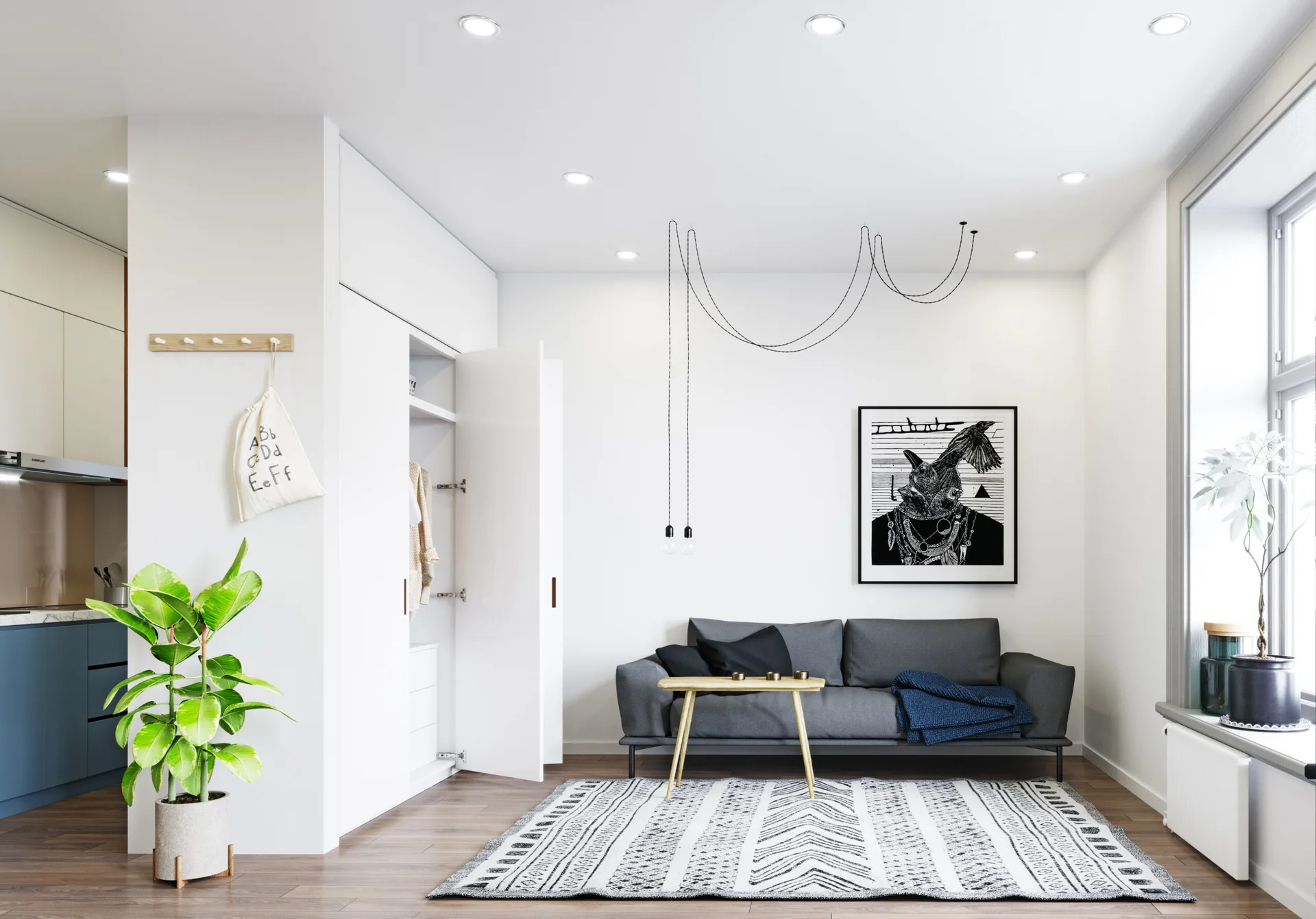 A minimalist living room features a grey sofa, a geometric patterned rug, and white built-in wardrobe doors partially open on a wooden floor.
