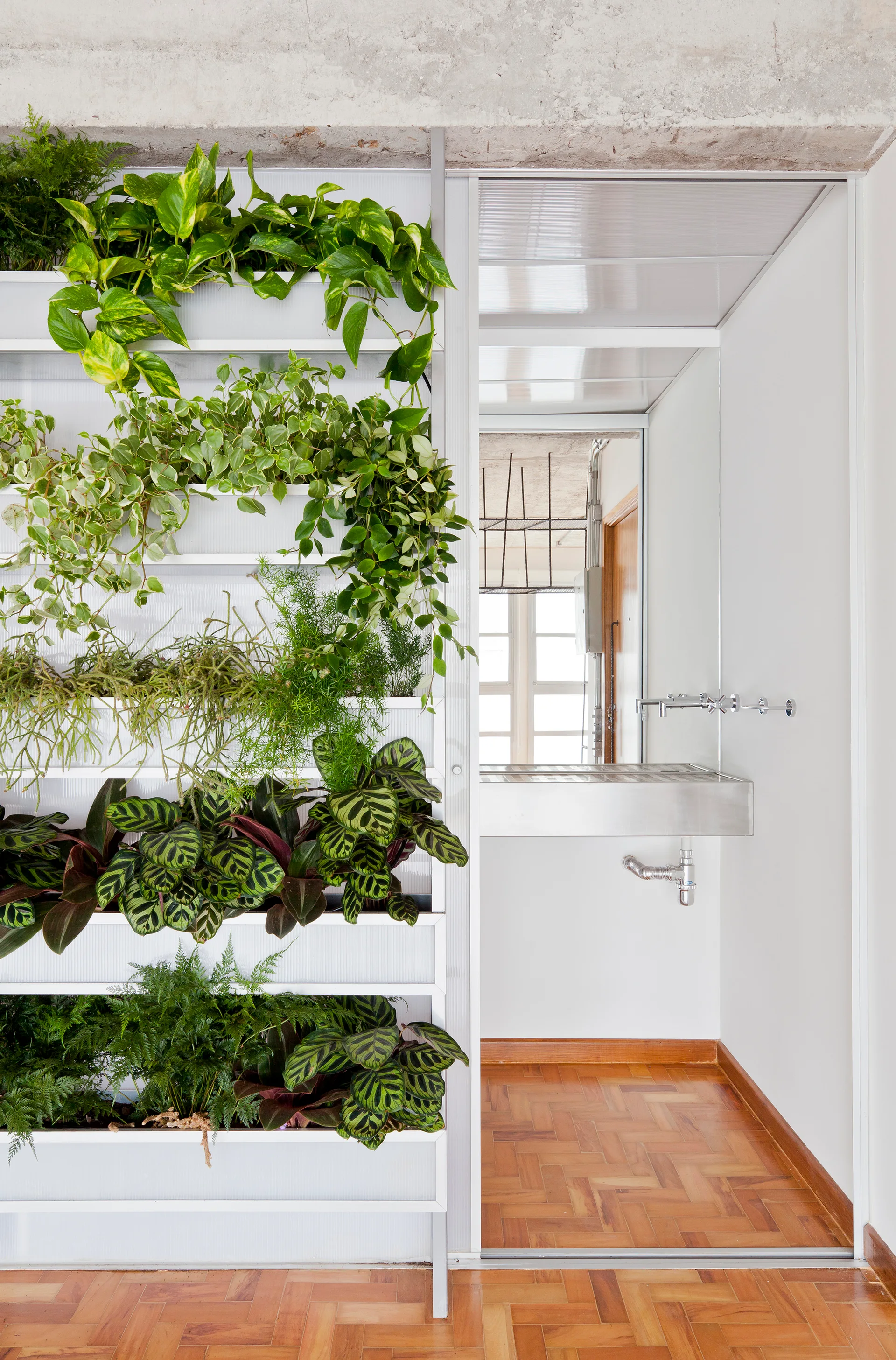 A minimalist bathroom featuring a tall vertical plant wall next to a stainless steel utility sink set against white walls and parquet flooring.