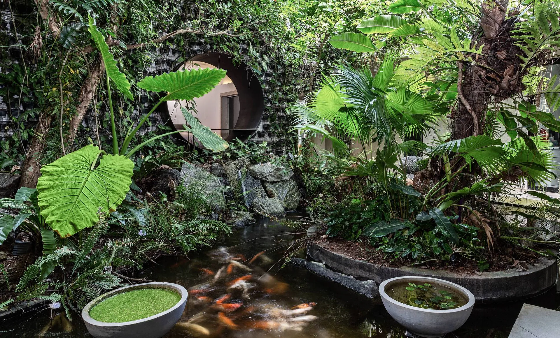 An indoor tropical courtyard garden featuring a central koi pond, stone waterfall, and a large circular portal window set into a lush living plant wall.
