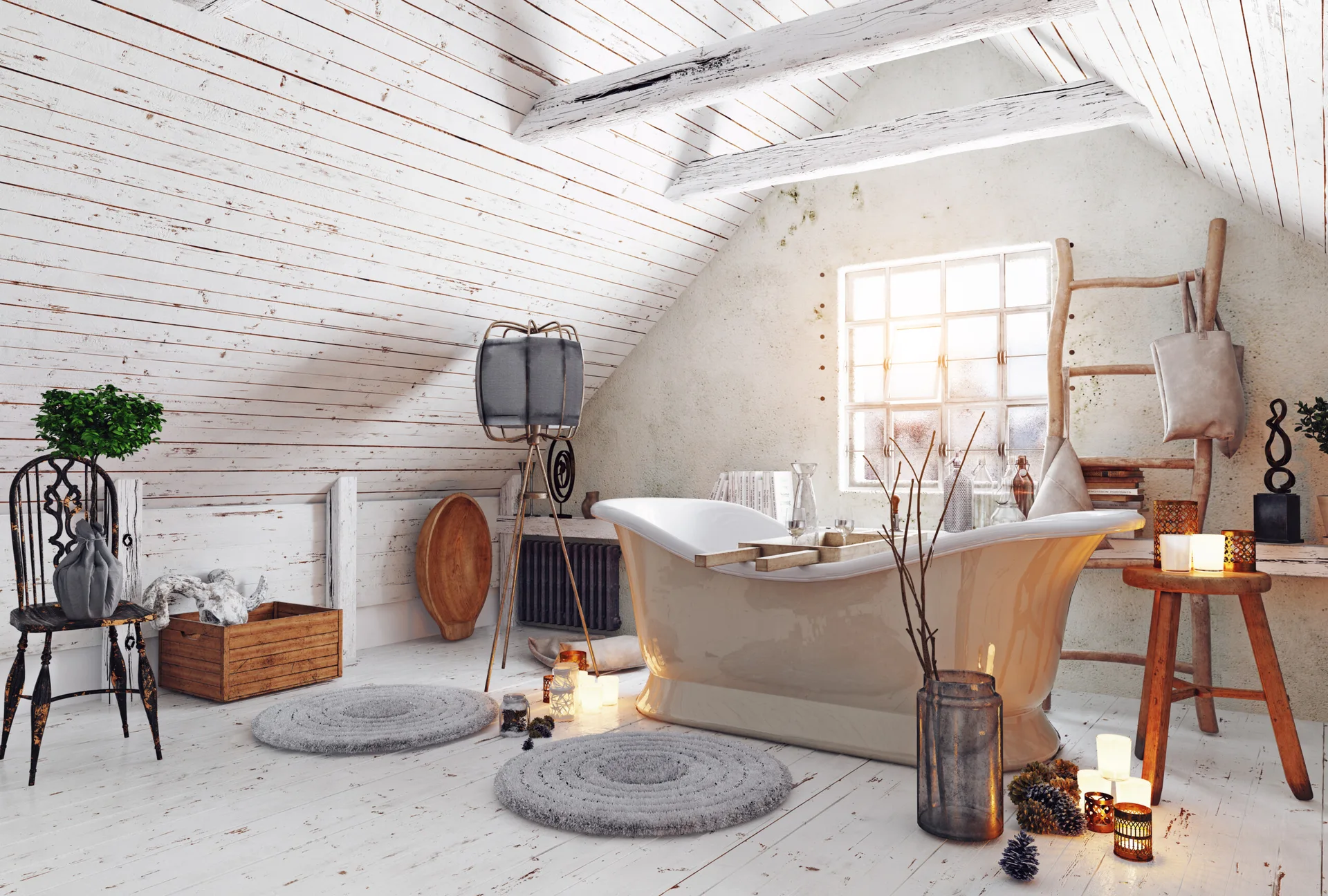 An attic bathroom featuring a freestanding cream bathtub, white distressed wood plank walls, and exposed ceiling beams near a small window.