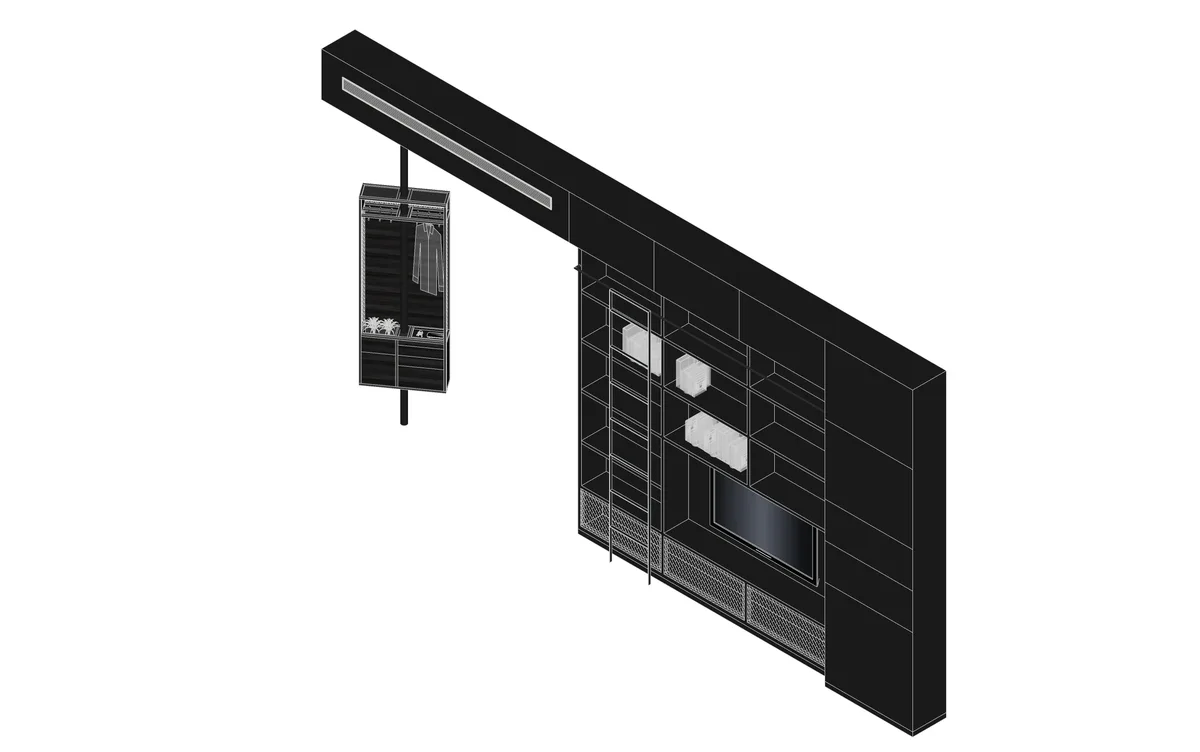 An isometric 3D rendering of a matte black modular storage system featuring integrated media shelving, a sliding ladder, and a floating wardrobe unit.