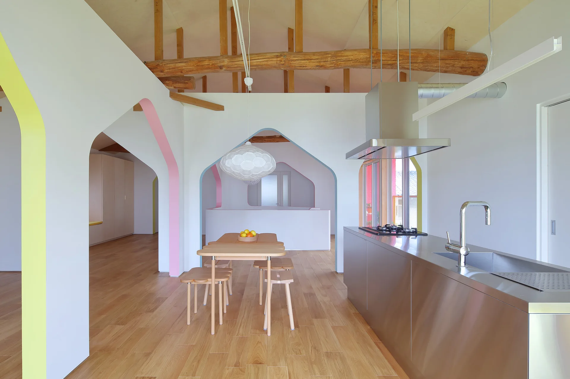 House of Many Arches, 24d-studio (Fumio Hirakawa + Marina Topounova), Interior, Kitchen, Wood, Beam, Countertop, Sink