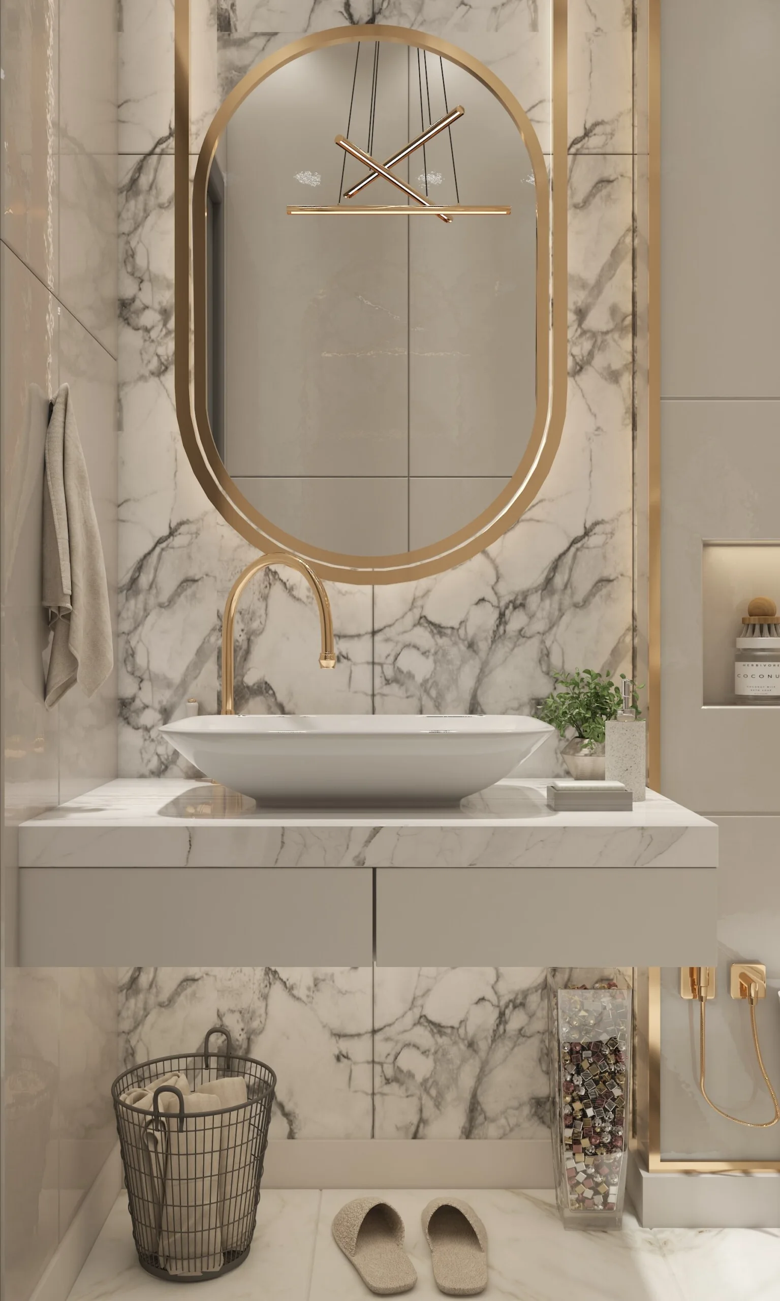 A modern marble bathroom features a floating vanity with a white vessel sink, a curved gold faucet, and a large oval gold-framed mirror.