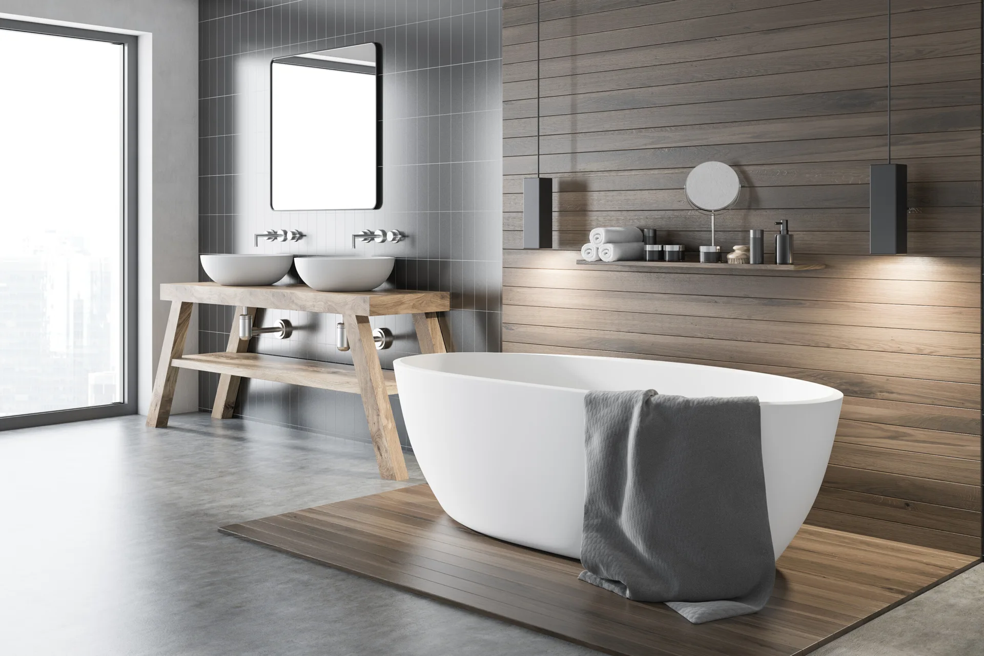A modern bathroom featuring a white freestanding bathtub on a wood floor inlay, a dark wood-plank wall, and a double vanity.