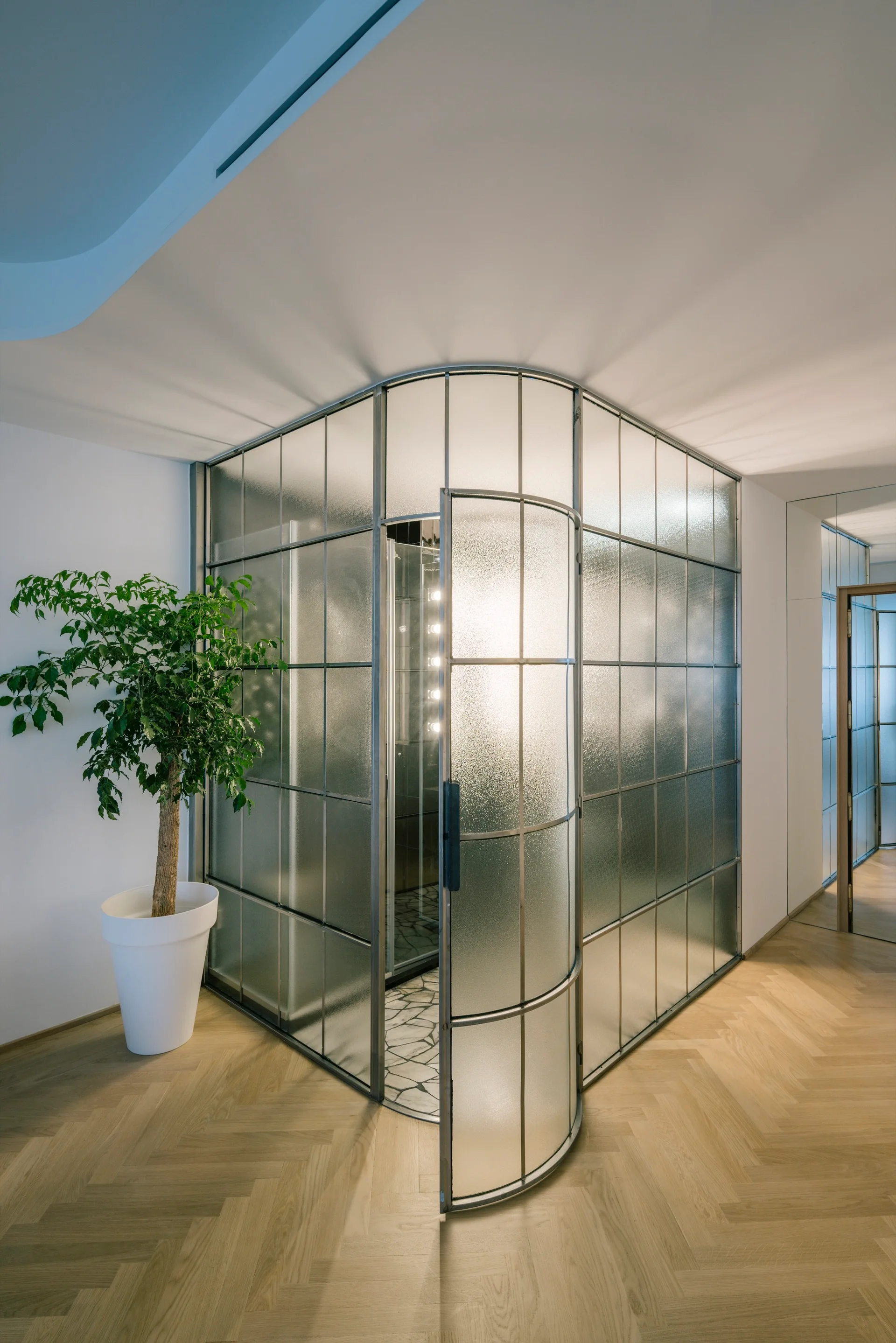 A curved frosted glass and metal partition with an open door stands on herringbone wood flooring next to a potted green plant.