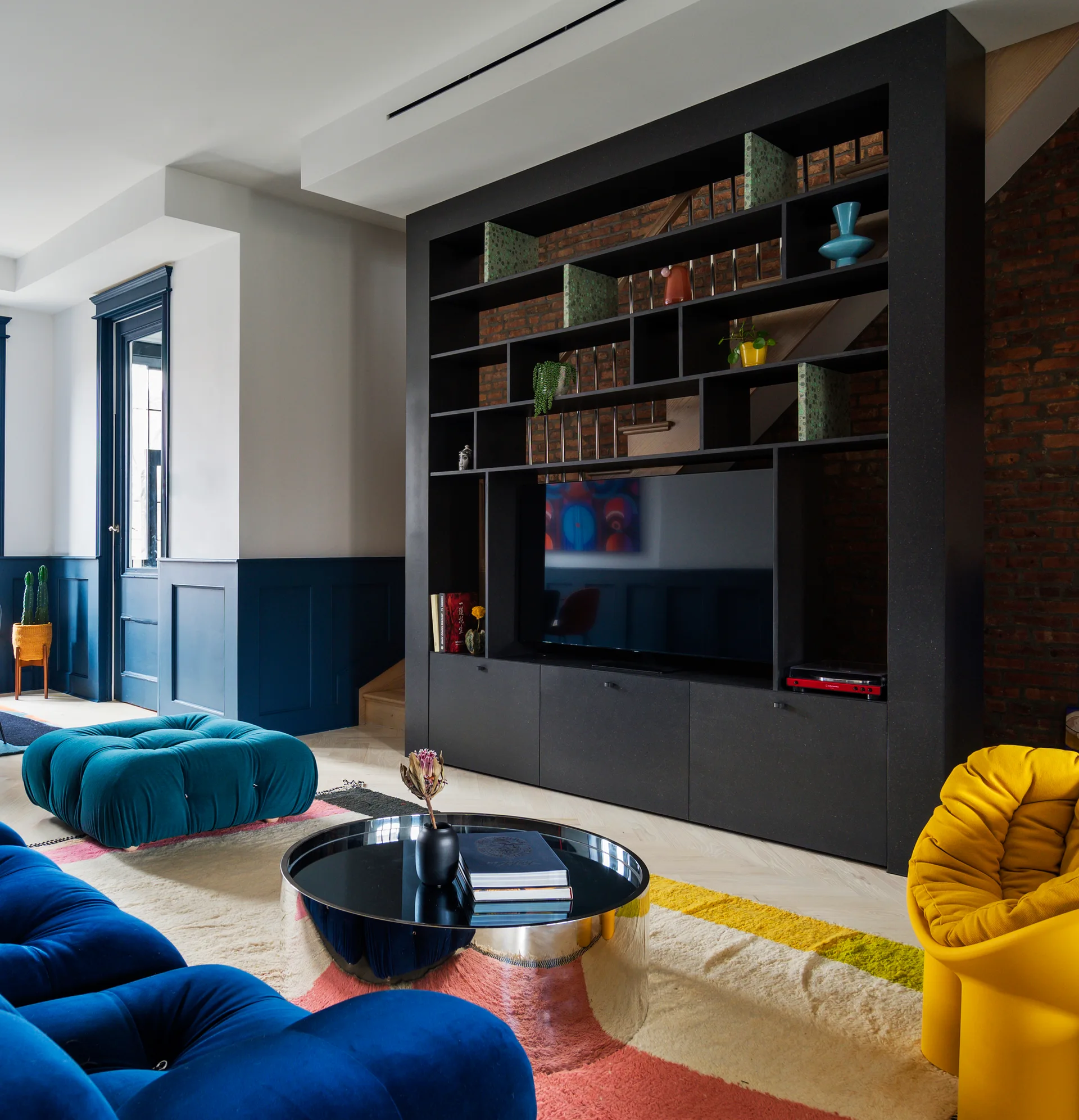 Bed-Stuy Townhouse Renovation, Olbos Studio, Interior, Living Room, Sofa, Shelving, Table