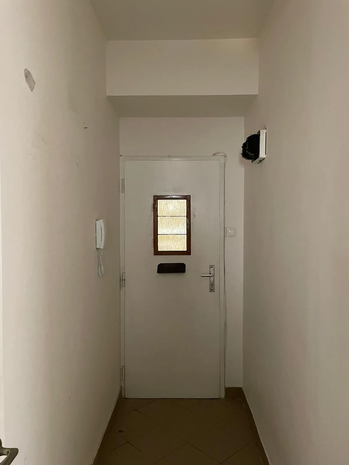 A narrow entryway features white walls, tiled flooring, and a white front door with a small, dark-framed textured glass window and a mail slot.