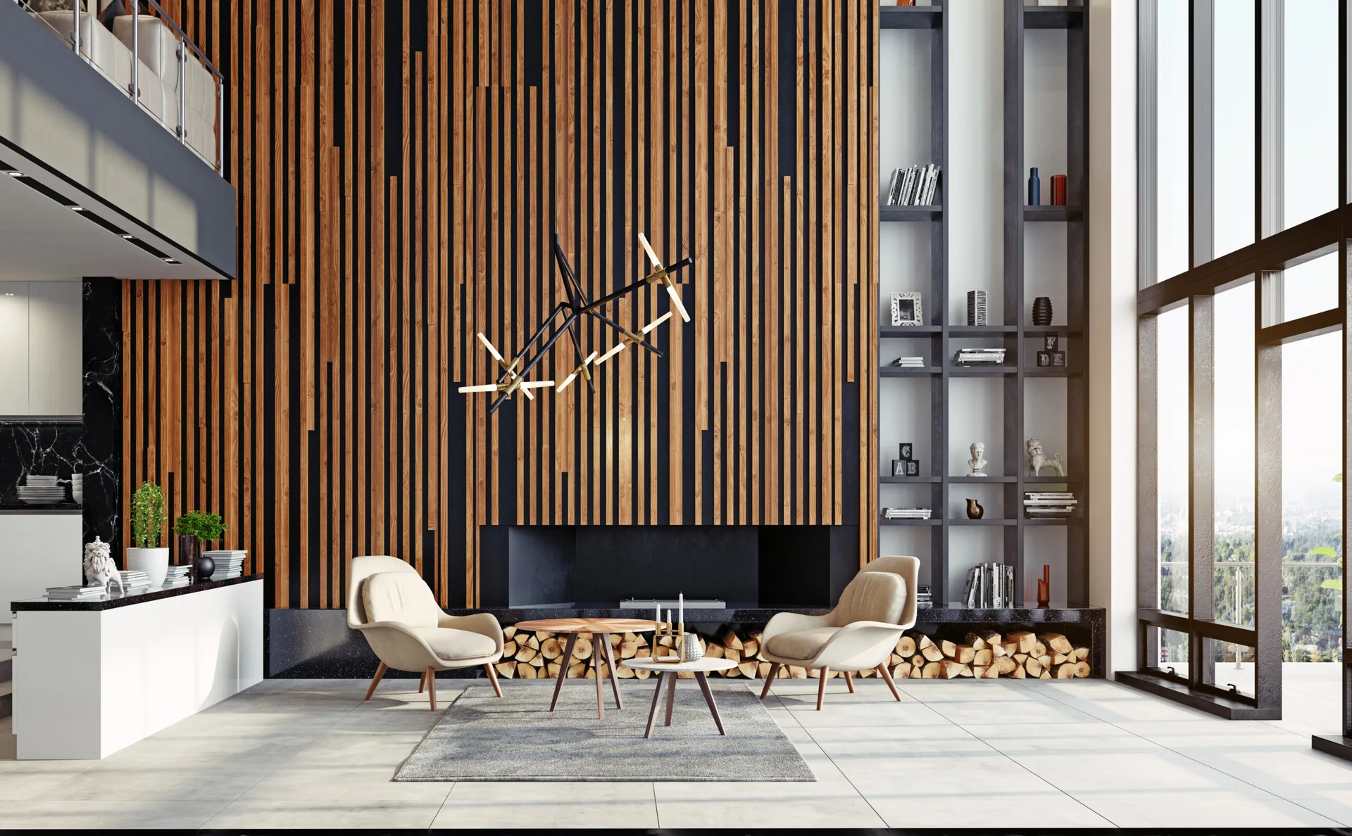 A double-height living room featuring a vertical wood slat accent wall, a black fireplace with stacked logs, and two beige armchairs.