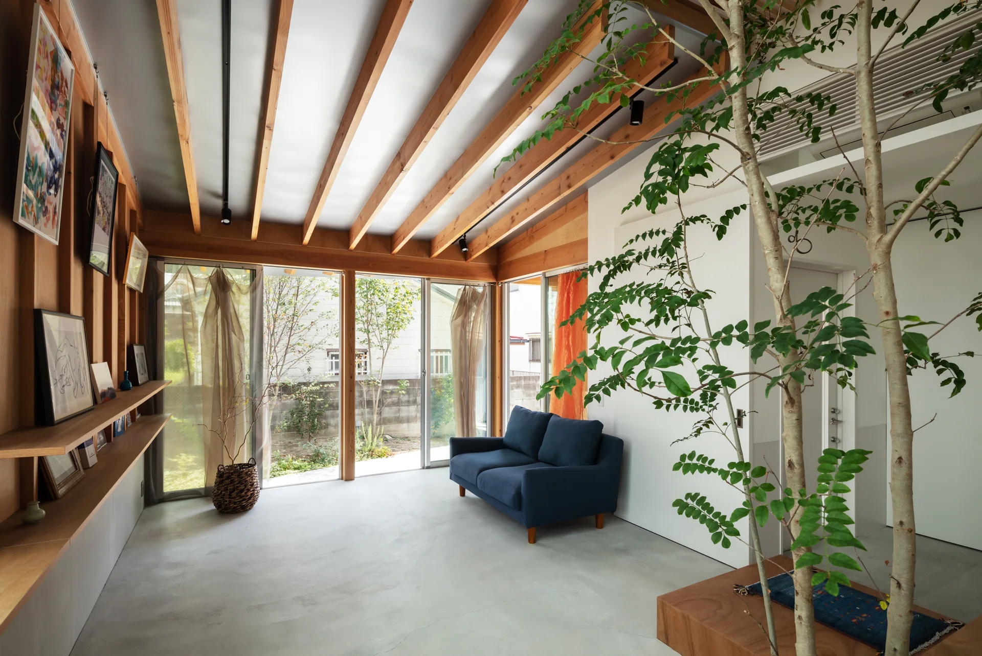 A minimalist living room features a blue sofa, exposed wooden ceiling beams, a tall indoor tree, and sliding glass doors opening to a garden.
