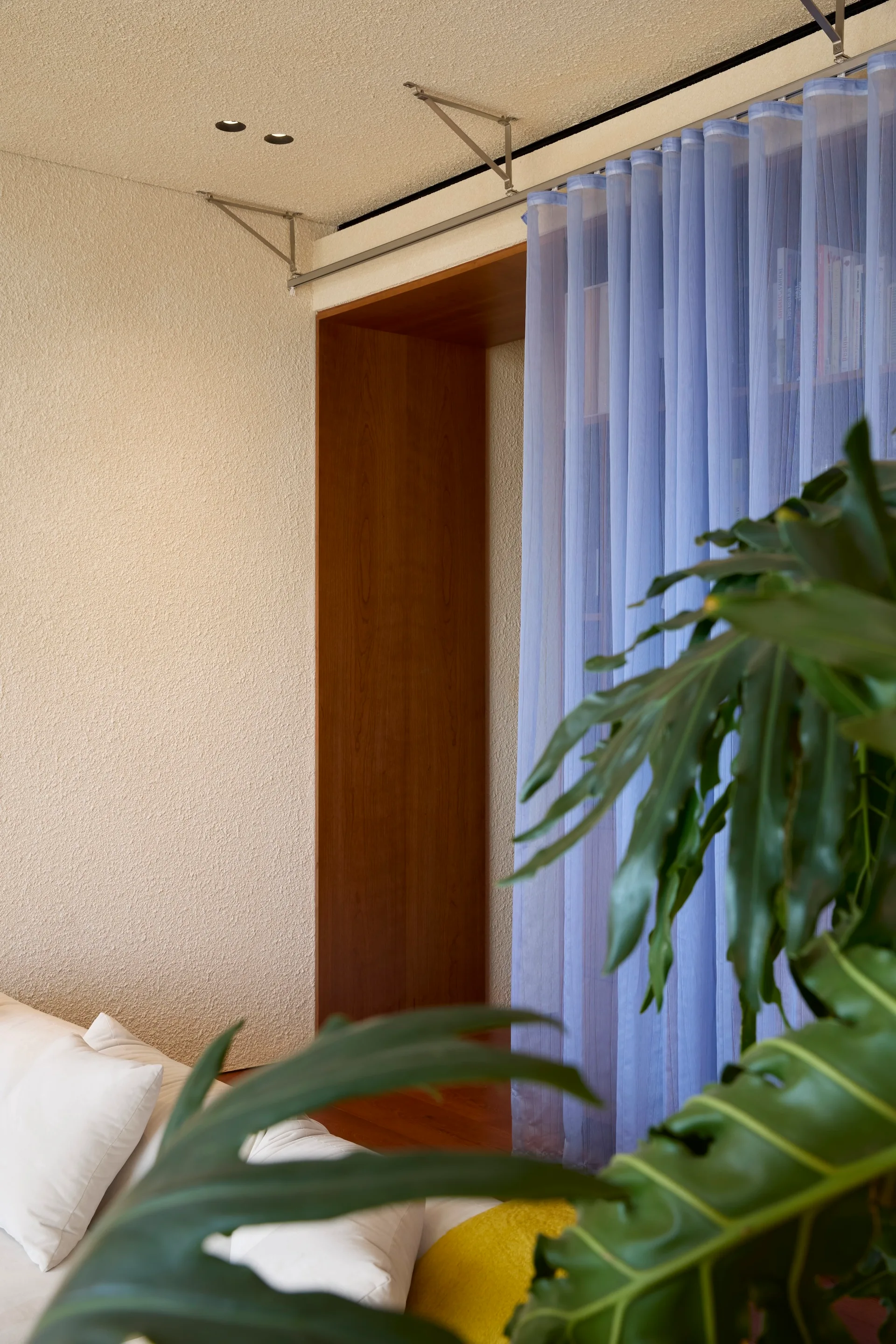 A residential living room features a sheer blue curtain over a bookshelf, a wood-lined doorway, and a textured cream wall next to a sofa and plant.