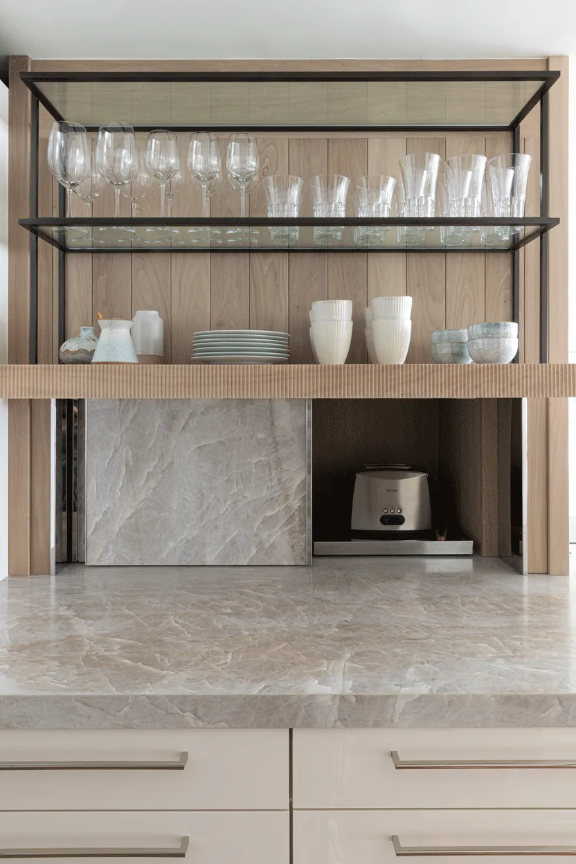 A kitchen pantry niche featuring vertical wood paneling, a veined stone countertop, and glass shelves displaying glassware.