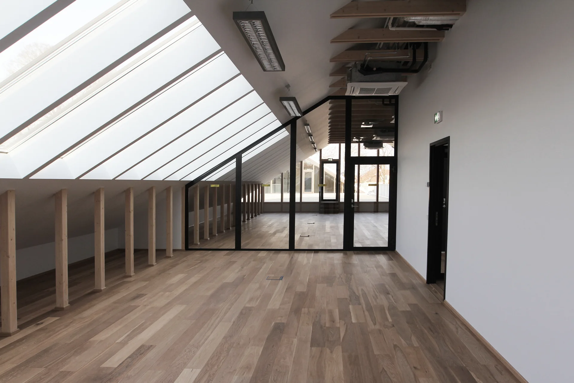 A minimalist attic space featuring wood plank floors, sloped skylights, and a black-framed glass partition.